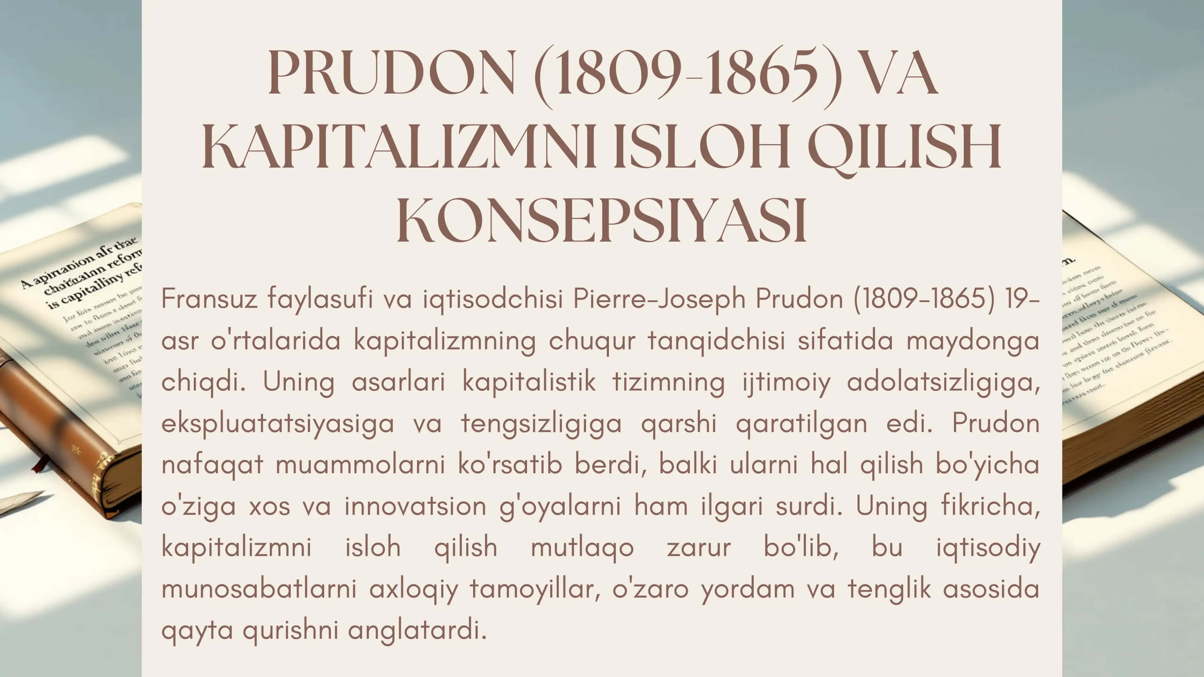 PRUDON (1809- 1865) KAPI TAL IZMNI ISLOH QI L ISH KONSEPSIYASI , QIYMATNING ABADIY GʻOYASI , BELGI LANGAN QIYMAT 2