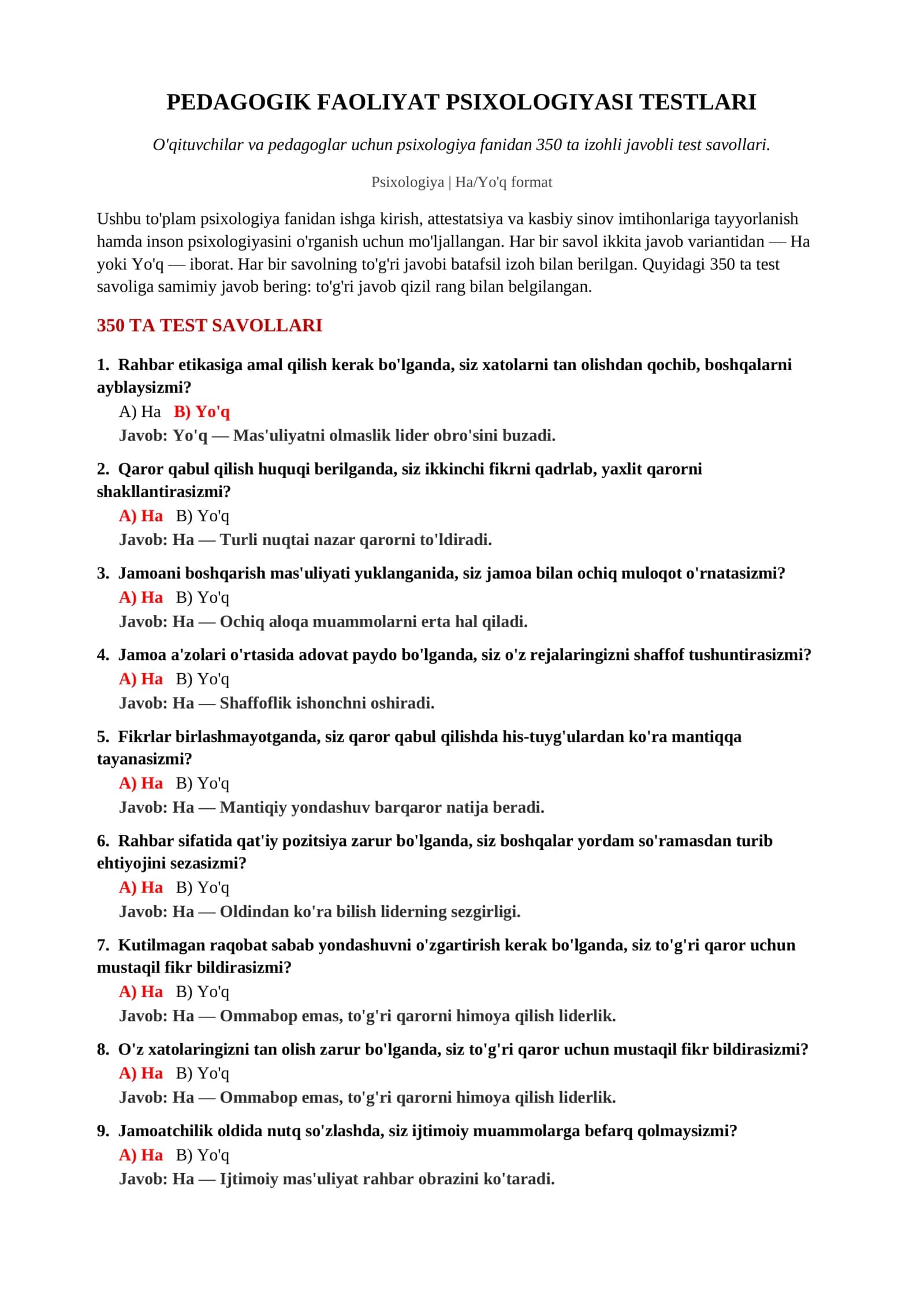 PEDAGOGIK FAOLIYAT PSIXOLOGIYASI TESTLARI 2