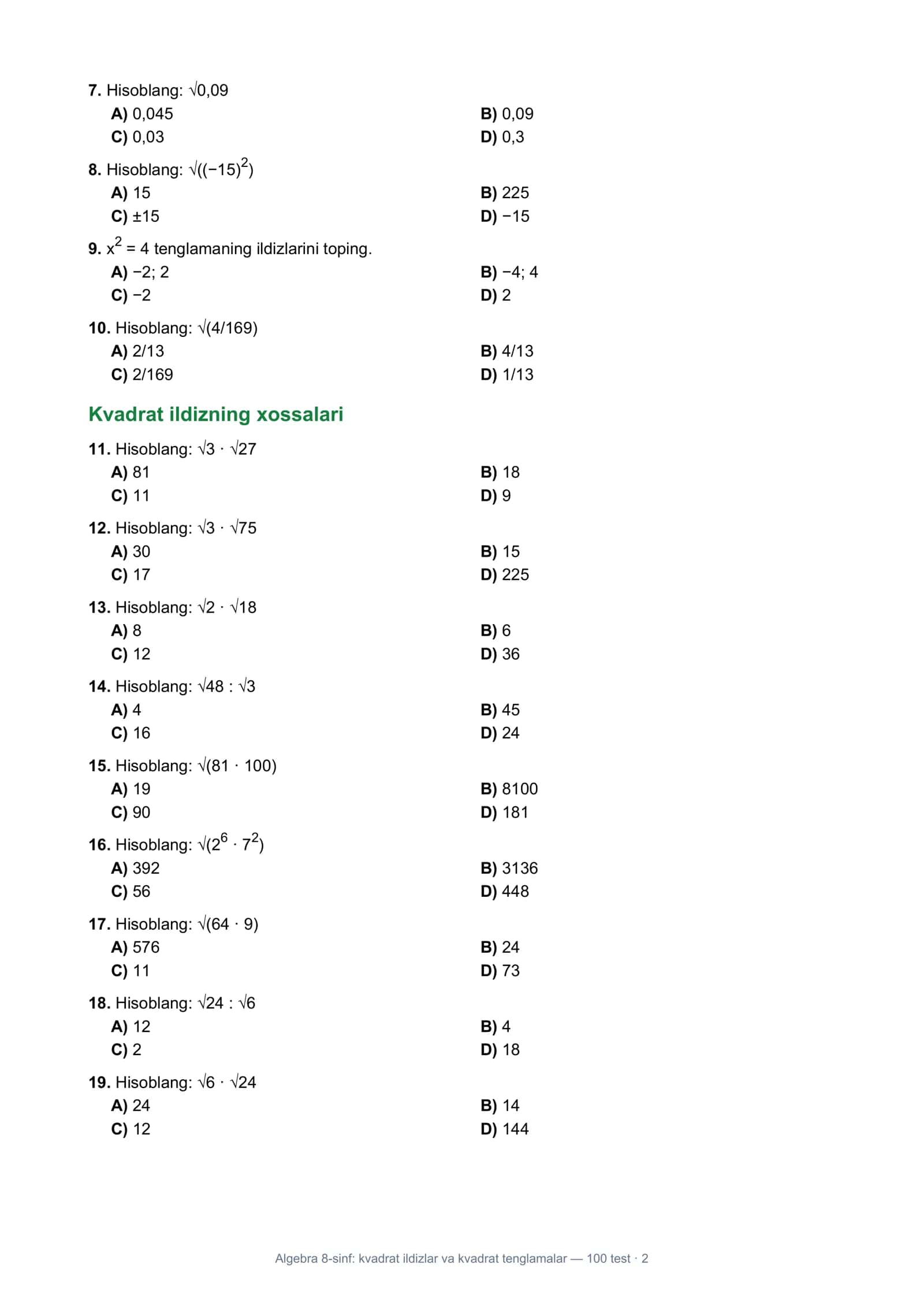 Algebra 8-sinf: kvadrat ildizlar va kvadrat tenglamalar 2
