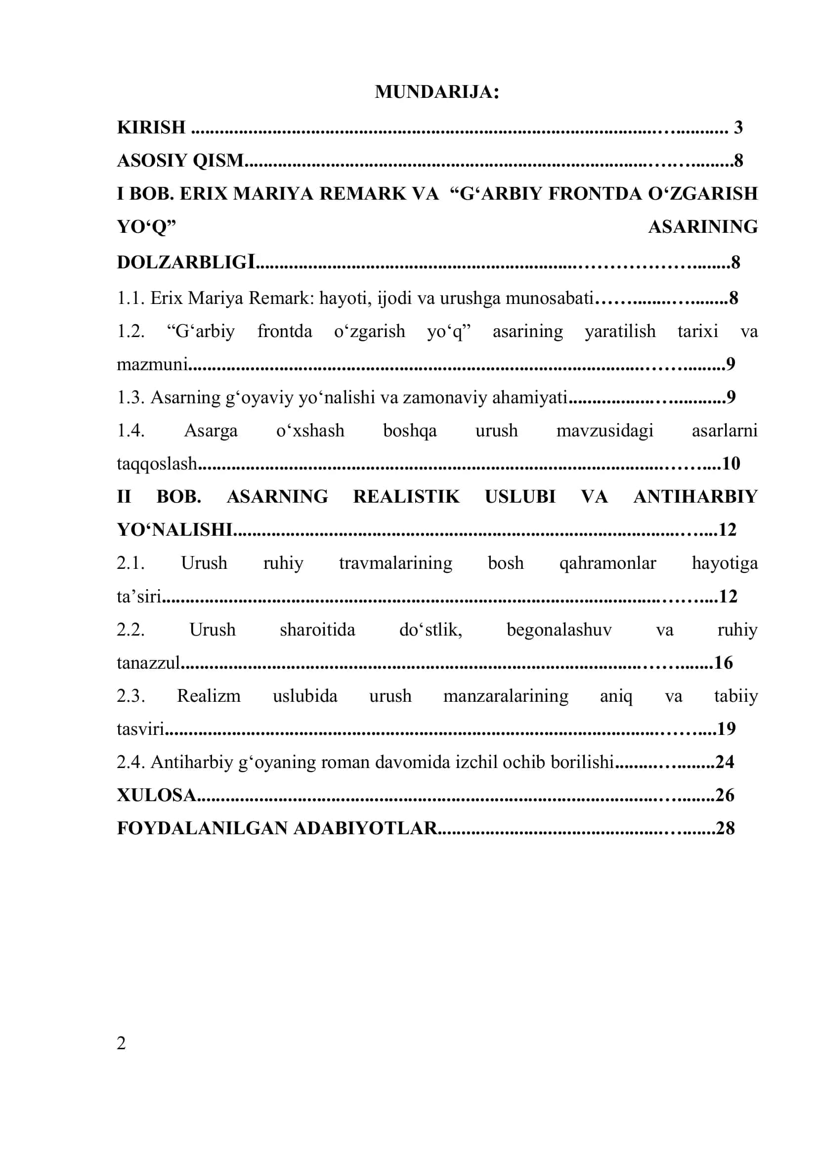 ERIX MARIYA REMARKNING "GʻARBIY FRONTDA OʻZGARISH YOʻO” ANTIHARBIY VA REALISTIK ROMANIDA URUSHNING INSON RUHIY DUNYOSIGA KOʻRSATGAN TA'SIRI VA URUSHNING FOJIAVIY OQIBATLARI 2
