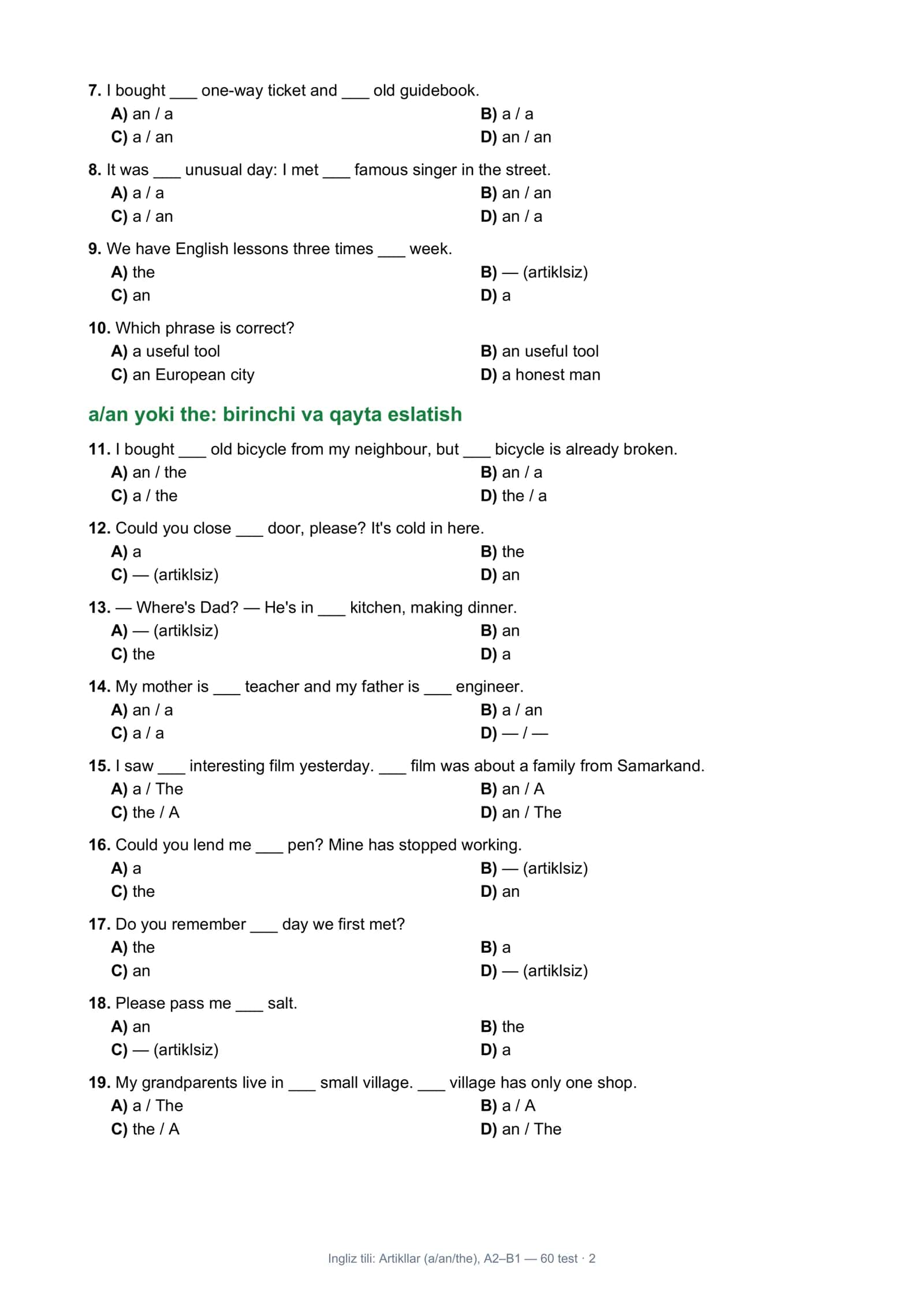 Ingliz tili: Artikllar (Articles a/an/the), A2–B1 — 60 test · 1 2
