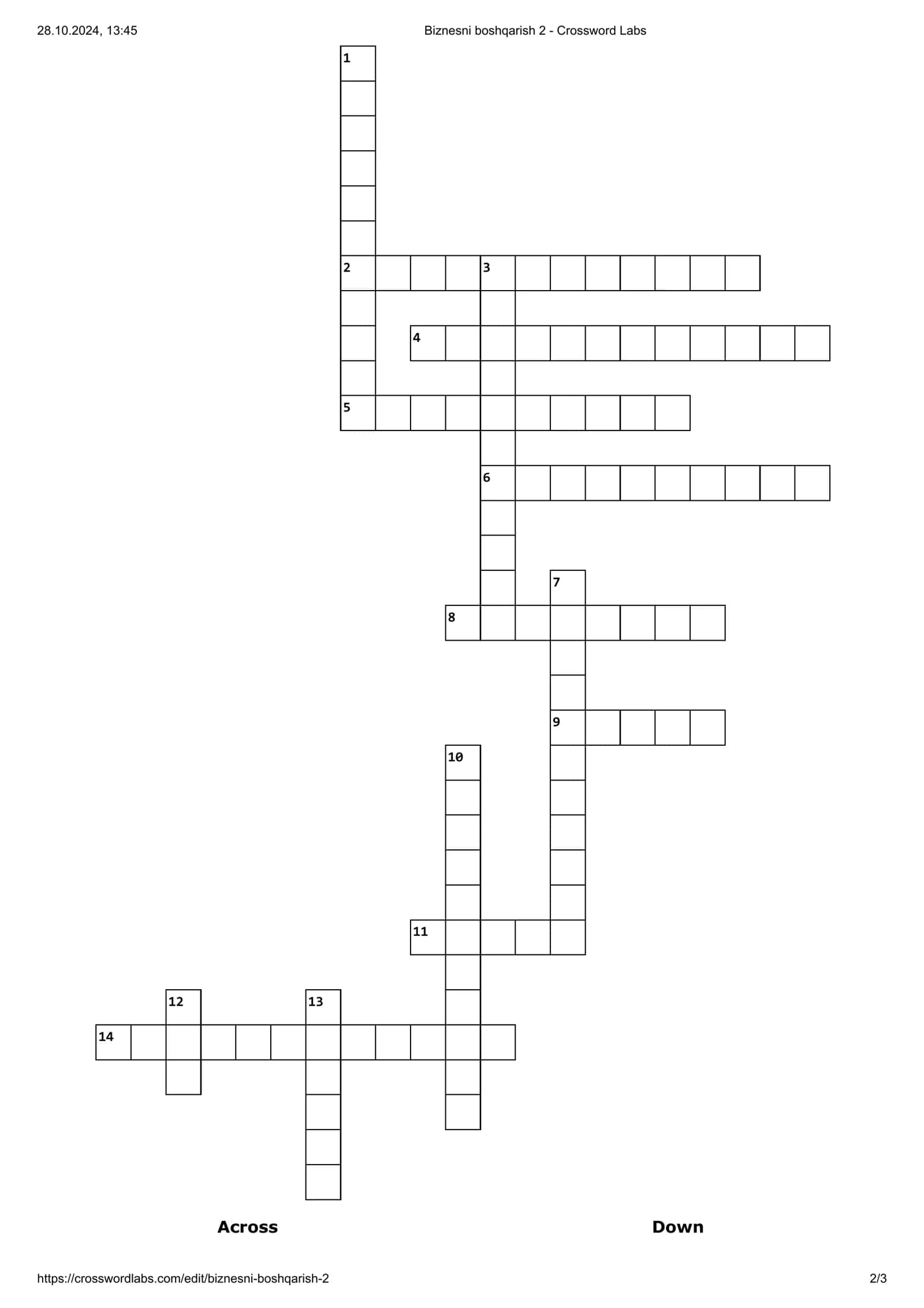 Biznesni boshqarish 2- Crossword Labs 2