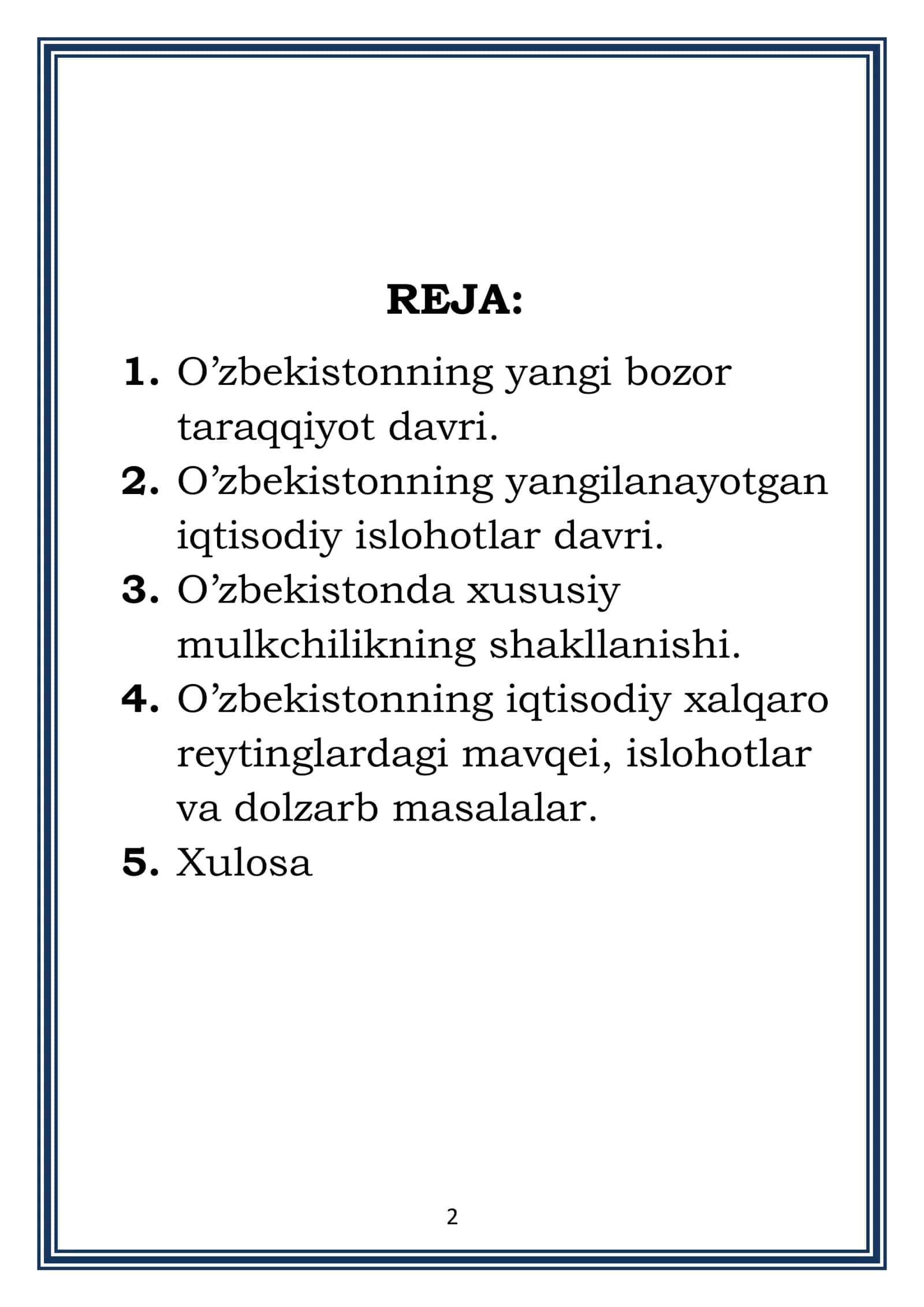 Iqtisodiy islohotlar, xususiy mulkchilikning shakllanishi. O‘zbekistonda bozor munosabatlarining rivojlanishi 2
