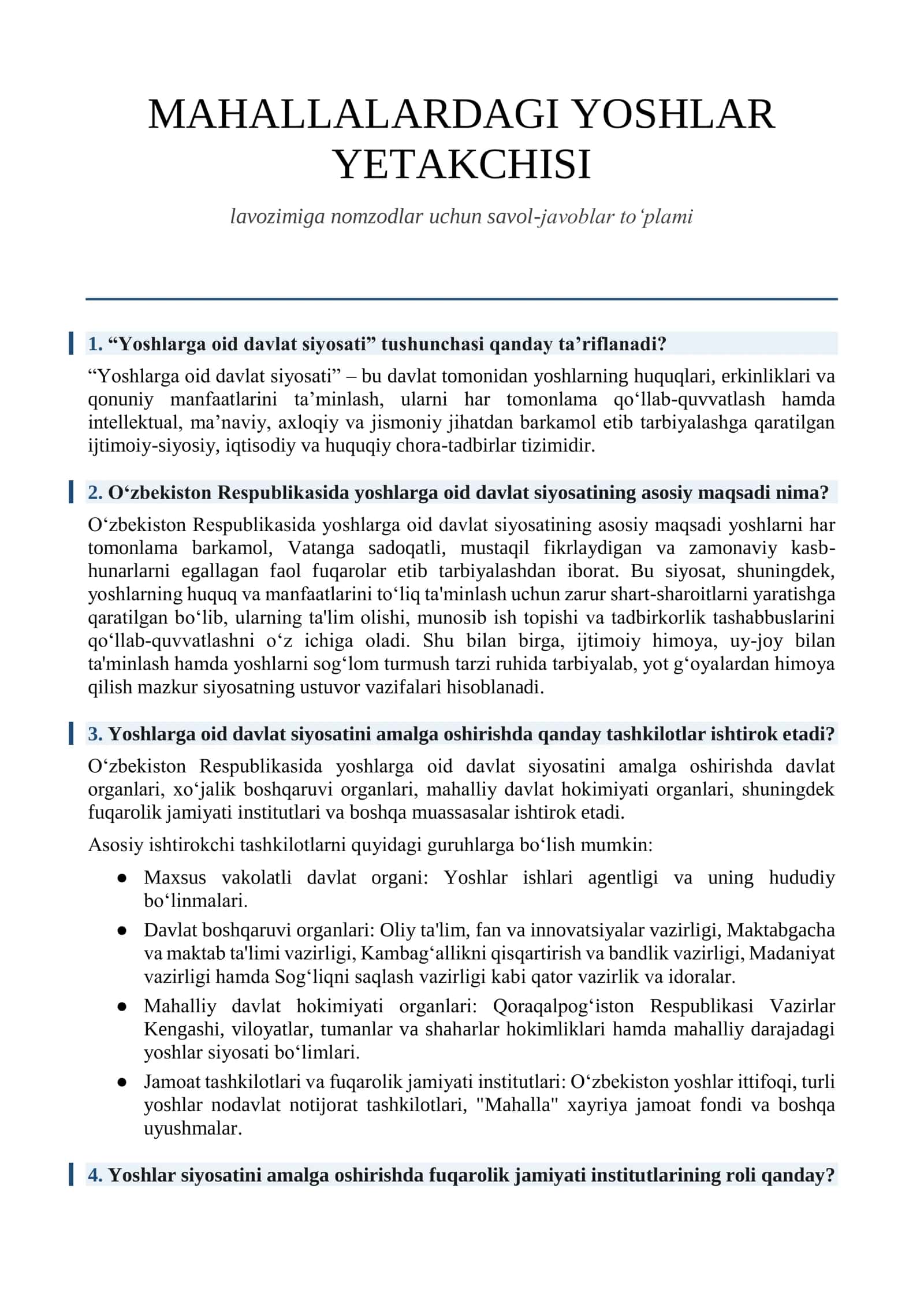 Yoshlar yetakchisi lavozimi uchun savol-javoblar to'plami 2