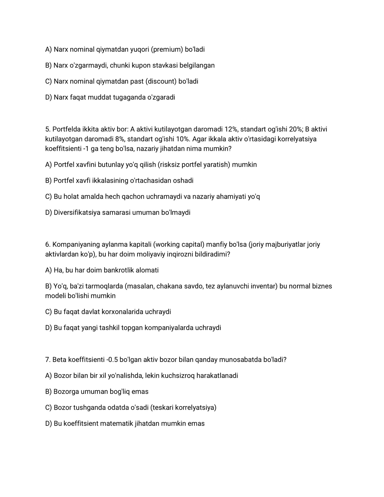 Moliya fanidan hisob-kitobli va vaziyatli testlar 2