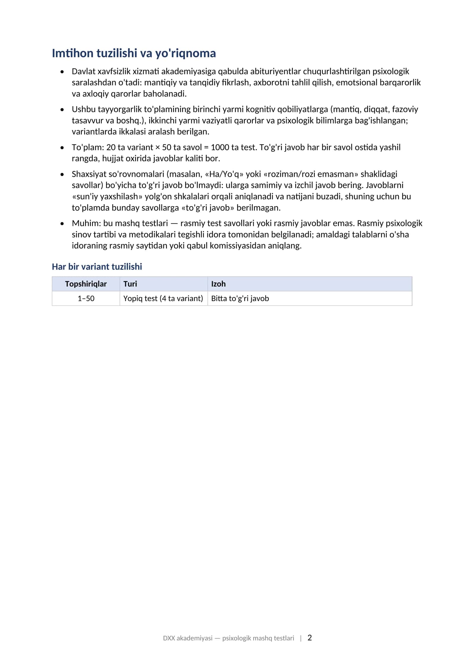 DXX AKADEMIYASIGA KIRUVCHILAR UCHUN PSIXOLOGIK TEST Psixologik saralash bosqichiga tayyorgarlik to'plami: mashq testlari (yuqori murakkablik). DXX akademiyasi psixologik mashq testlari 2