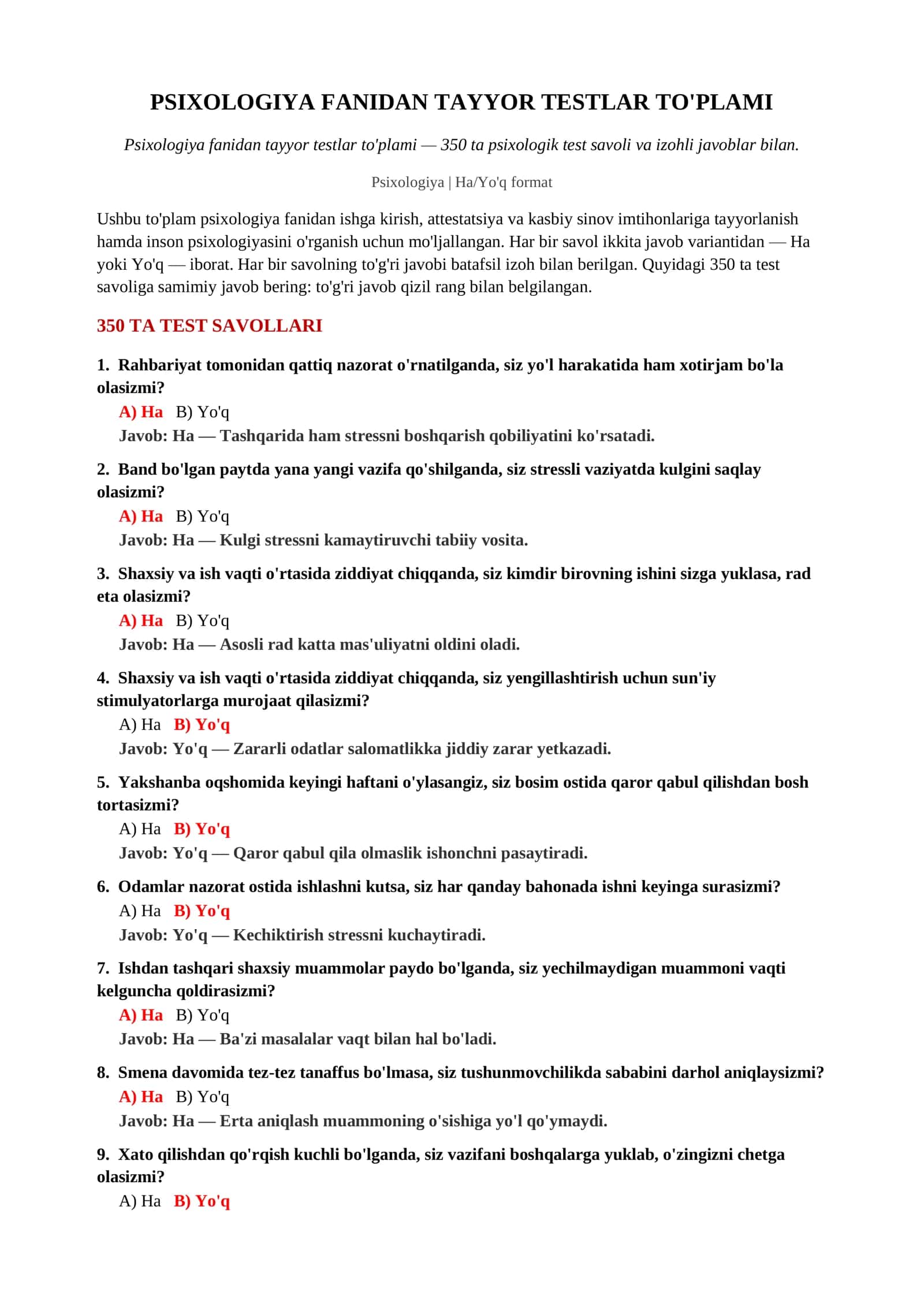 Psixologiya fanidan tayyor testlar to'plami 2