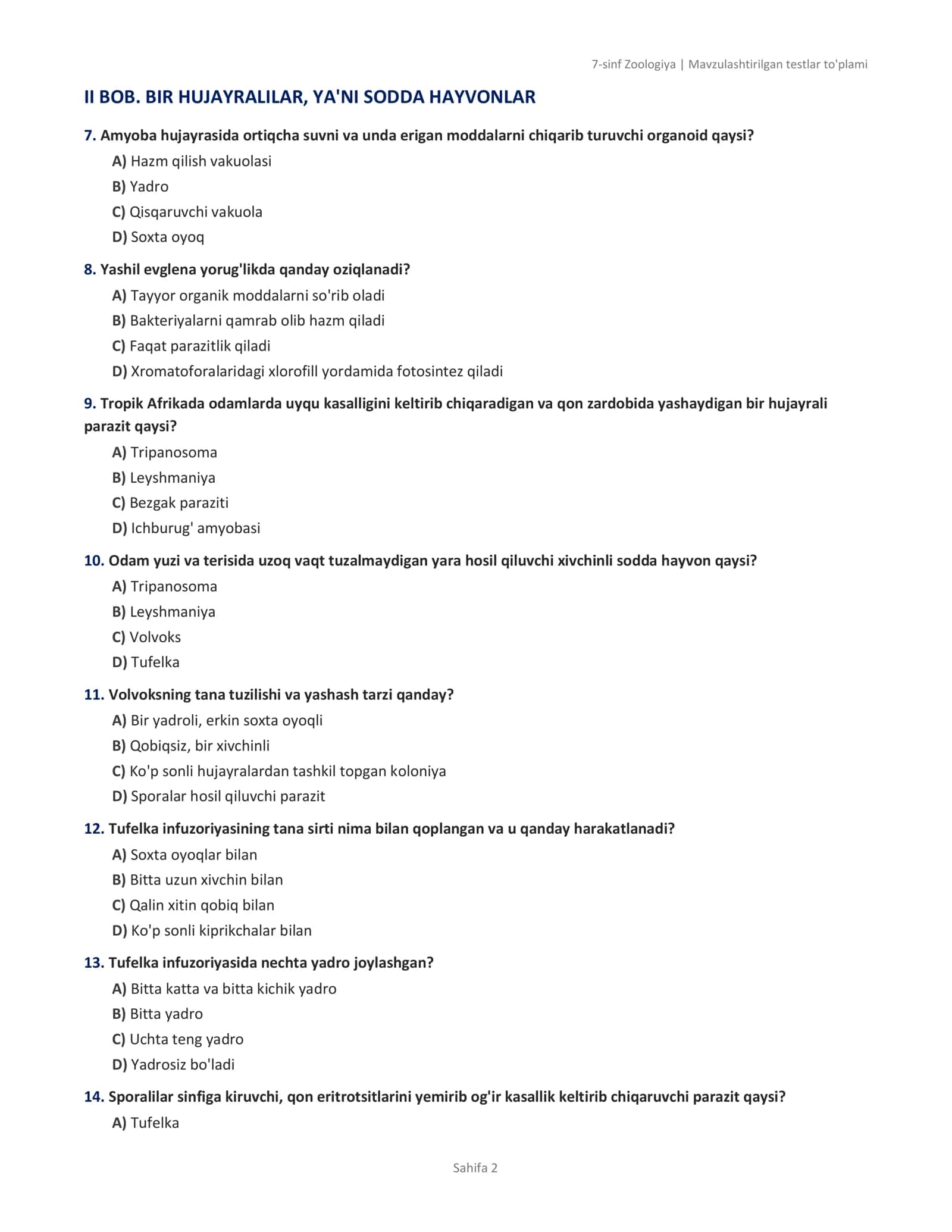 7-sinf Zoologiya | Mavzulashtirilgan testlar to'plami 2