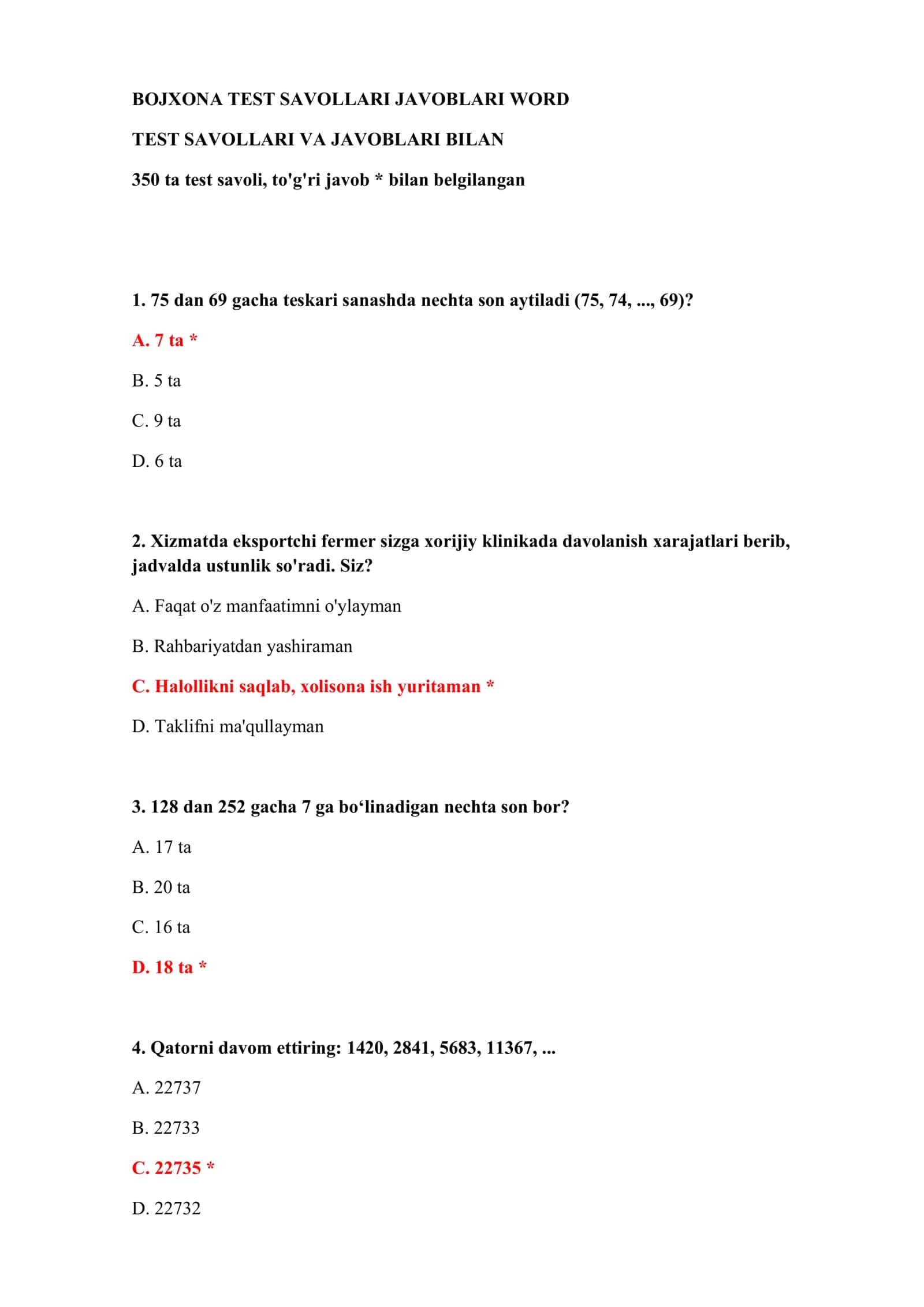 BOJXONA TEST SAVOLLARI JAVOBLARI WORD 2