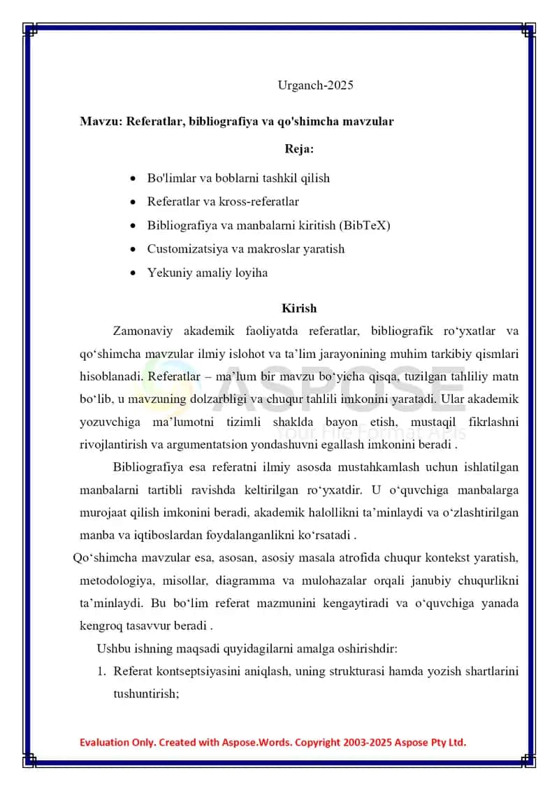 Referatlar, bibliografiya va qo'shimcha mavzular haqida amaliy loyiha 2