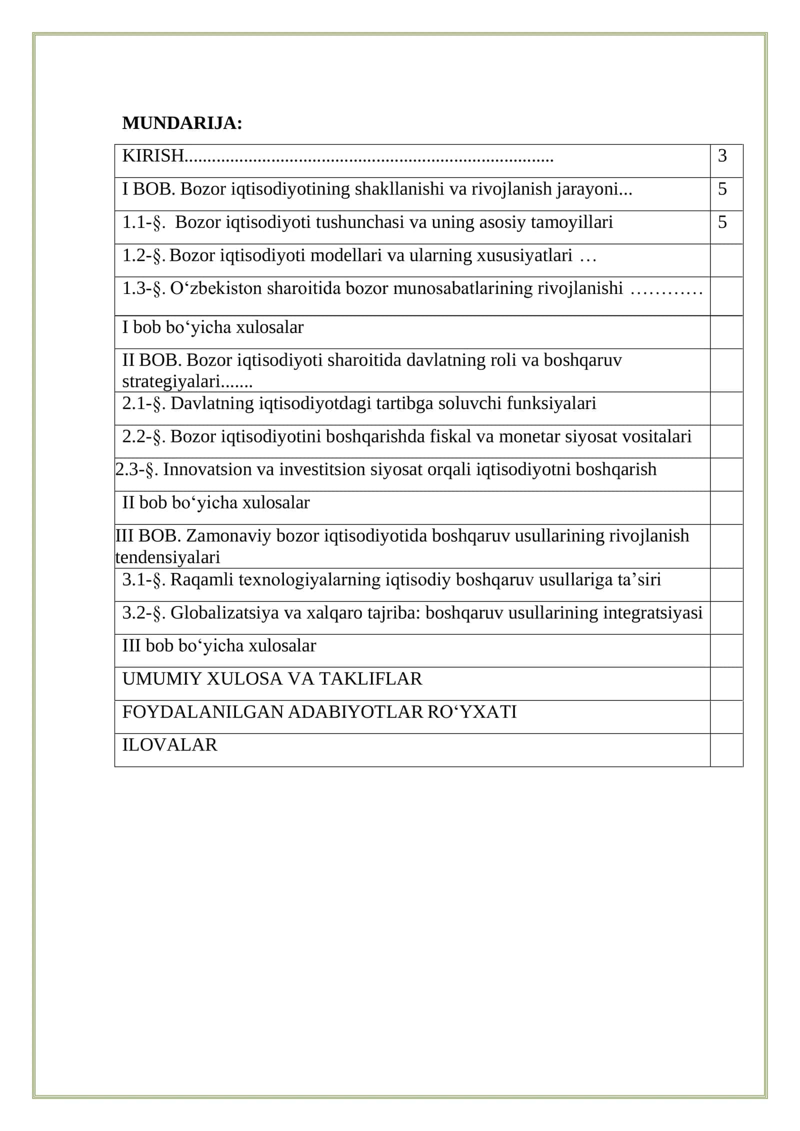 Bozor iqtisodiyotini boshqarish usullariKURS ISHI 2