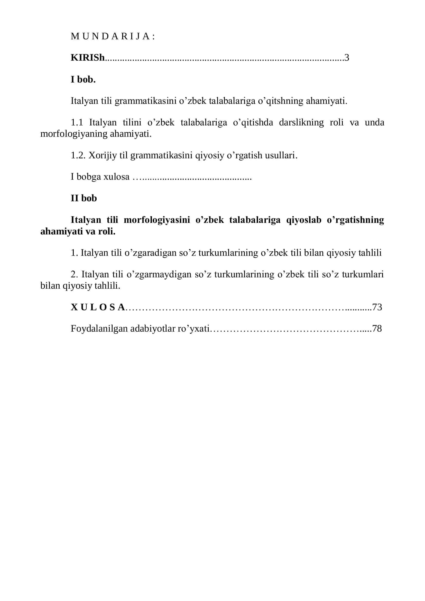 ITALYAN TILI MORFOLOGIYASINI O’ZBEK TALABALARIGA O’QITISH UCHUN YARATILADIGAN O’QUV QO’LLANMA 2