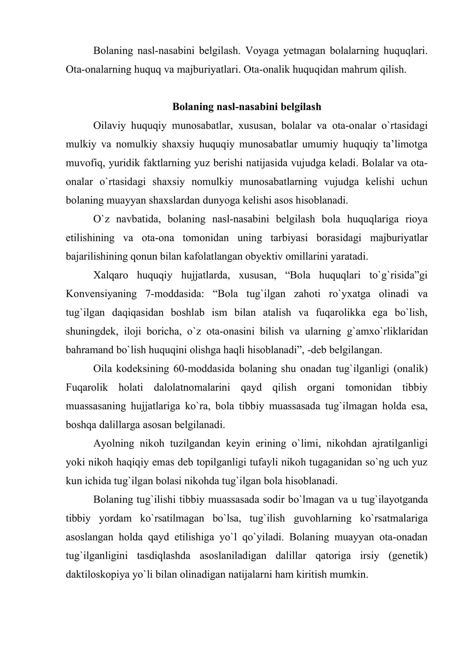 Ota-ona va voyaga yetmagan bolalarning huquq hamda majburiyatlari 2