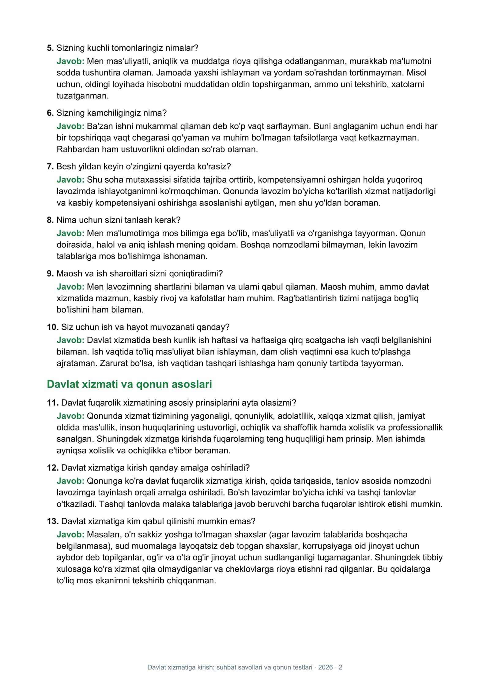 Davlat xizmatiga kirish: suhbat savollari va qonun testlari 2