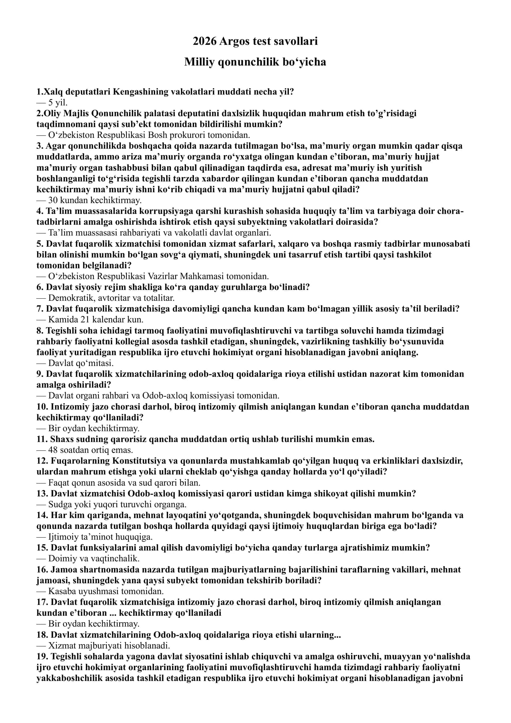 2026 Argos eng yangi test savollari (Milliy qonunchilik savollari) 2