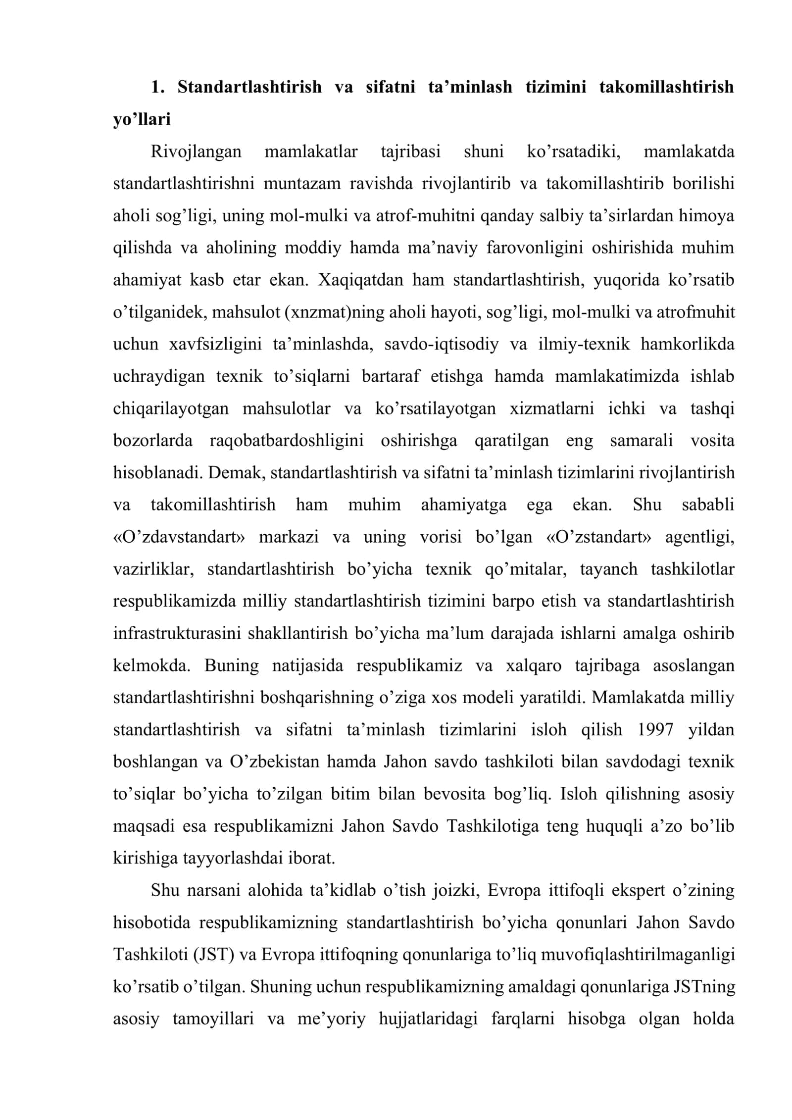 O’zbekiston Respublikasi standartlashtirish va sifatni ta’minlash tizimi istiqbollari 2
