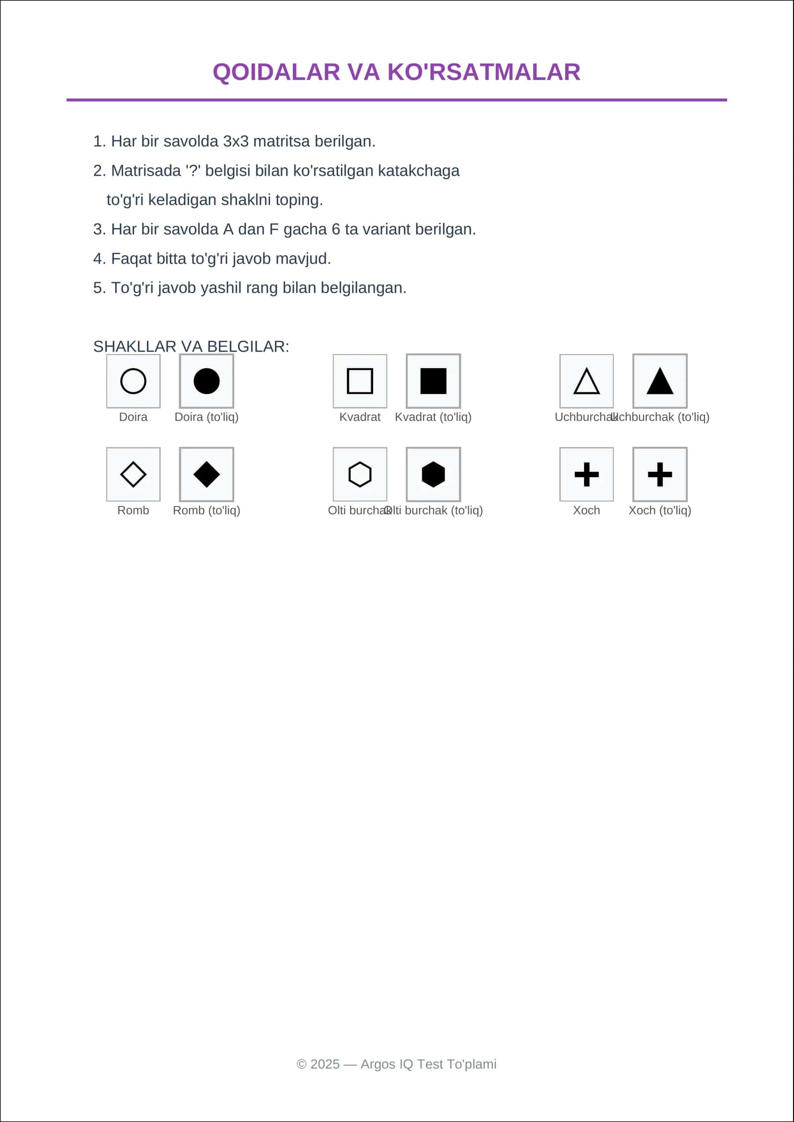 Argos IQ Test | 10 ta Figurali Matritsa | Rasmli | Davlat Xizmatchisi 2