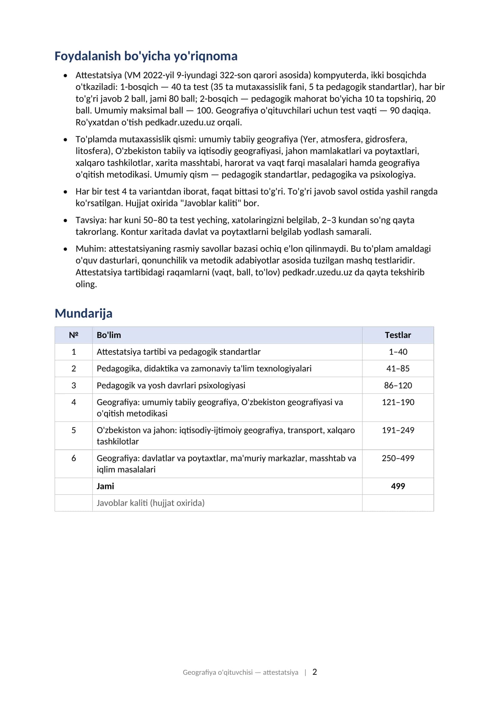 GEOGRAFIYA O'QITUVCHISI attestatsiyasi uchun test savollari to'plami (2025–2026) 499 ta test 2