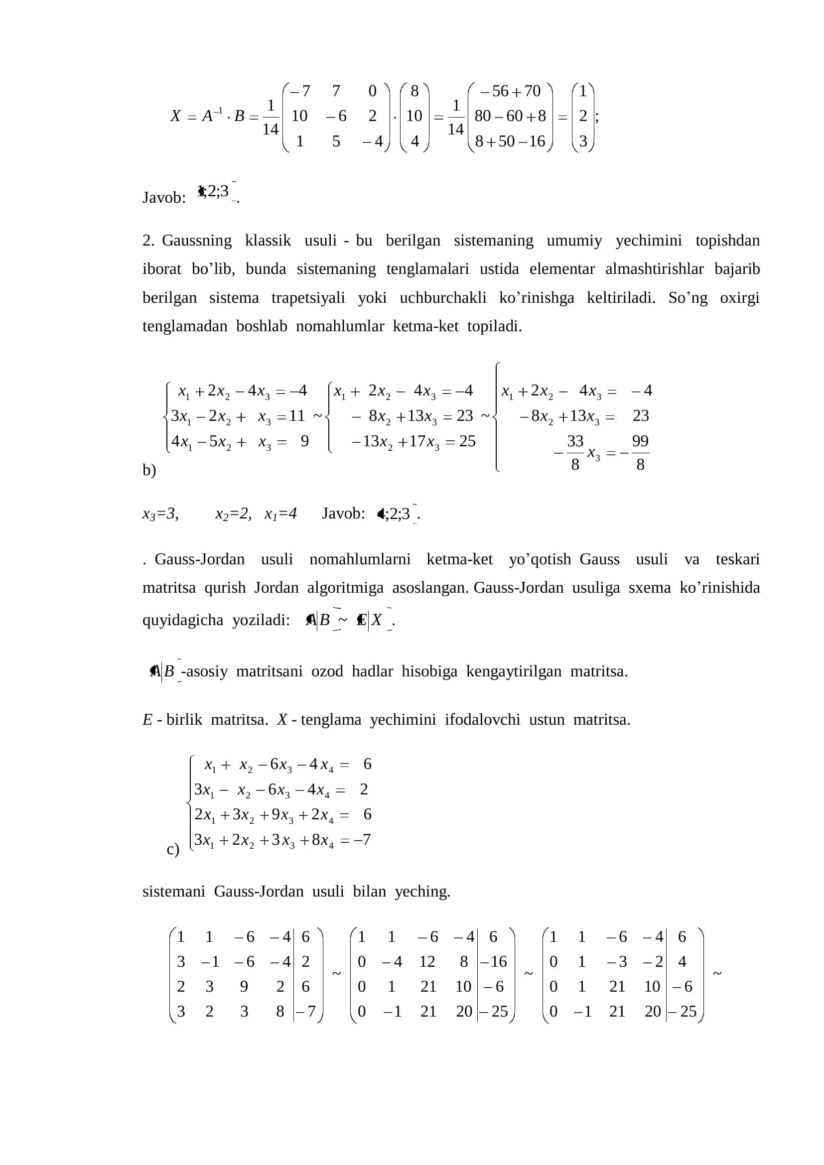 CHIZIQLI ALGEBRAIK TENGLAMALAR SISTEMASINI YECHISHNING GAUSS VA GAUSS-JORDANO USULLARI 2