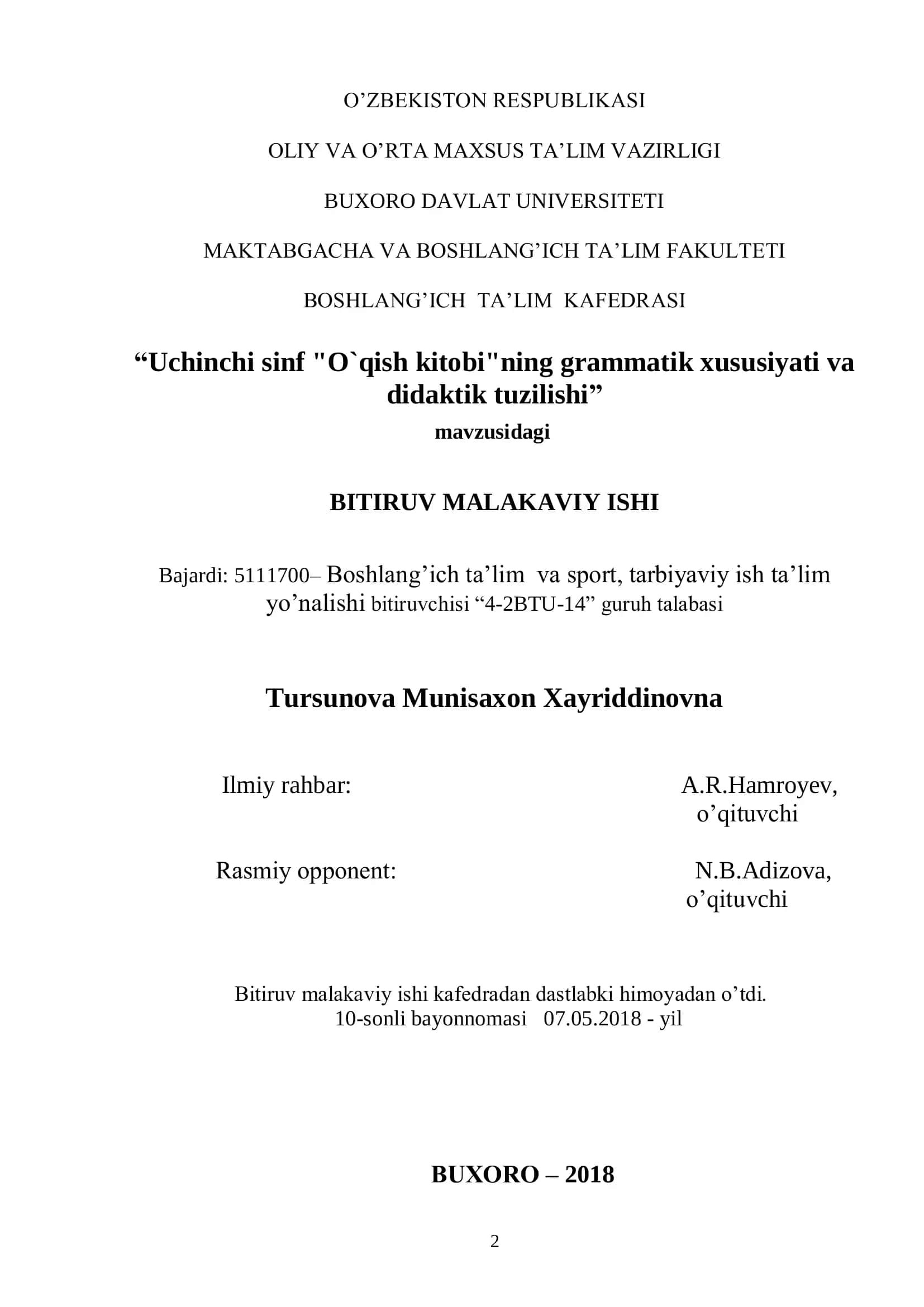 Uchinchi sinf "O`qish kitobi"ning grammatik xususiyati va didaktik tuzilishi 2