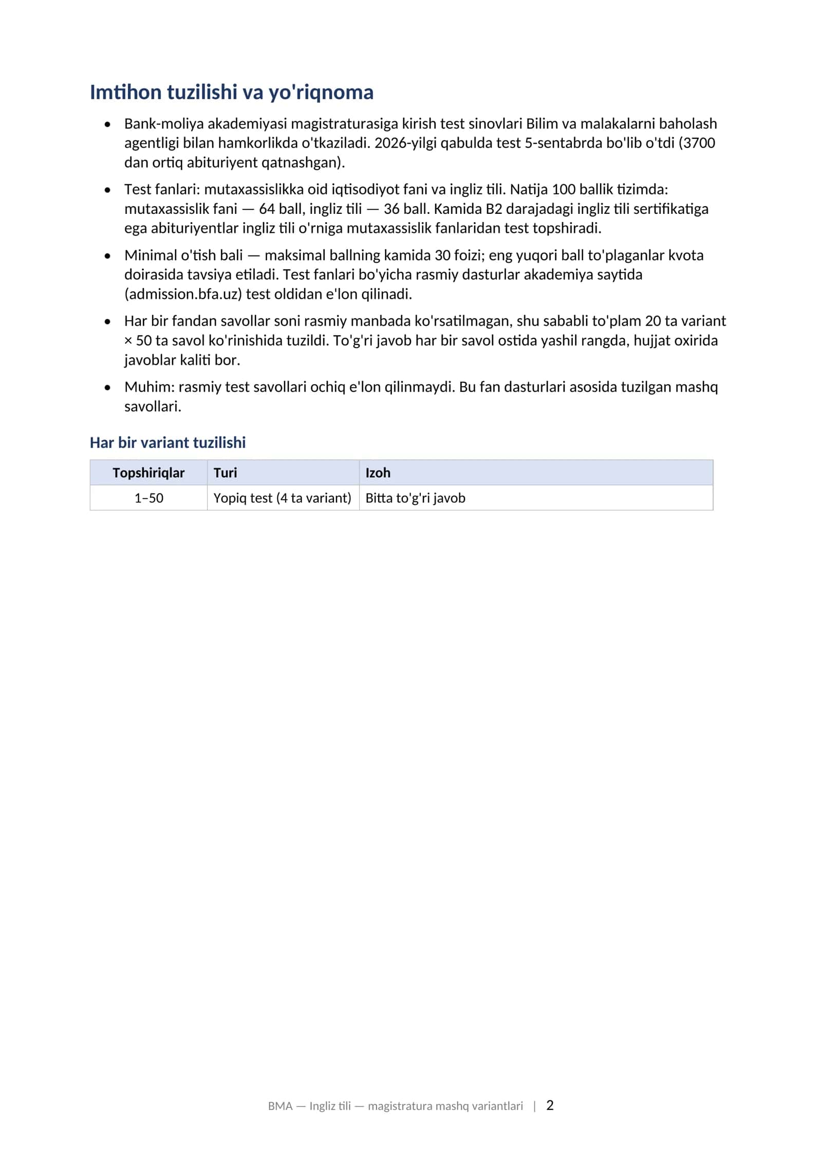 BANK-MOLIYA AKADEMIYASI: INGLIZ TILI Magistraturaga kirish test sinoviga tayyorgarlik: variantlar to'plami (2026–2027) 2