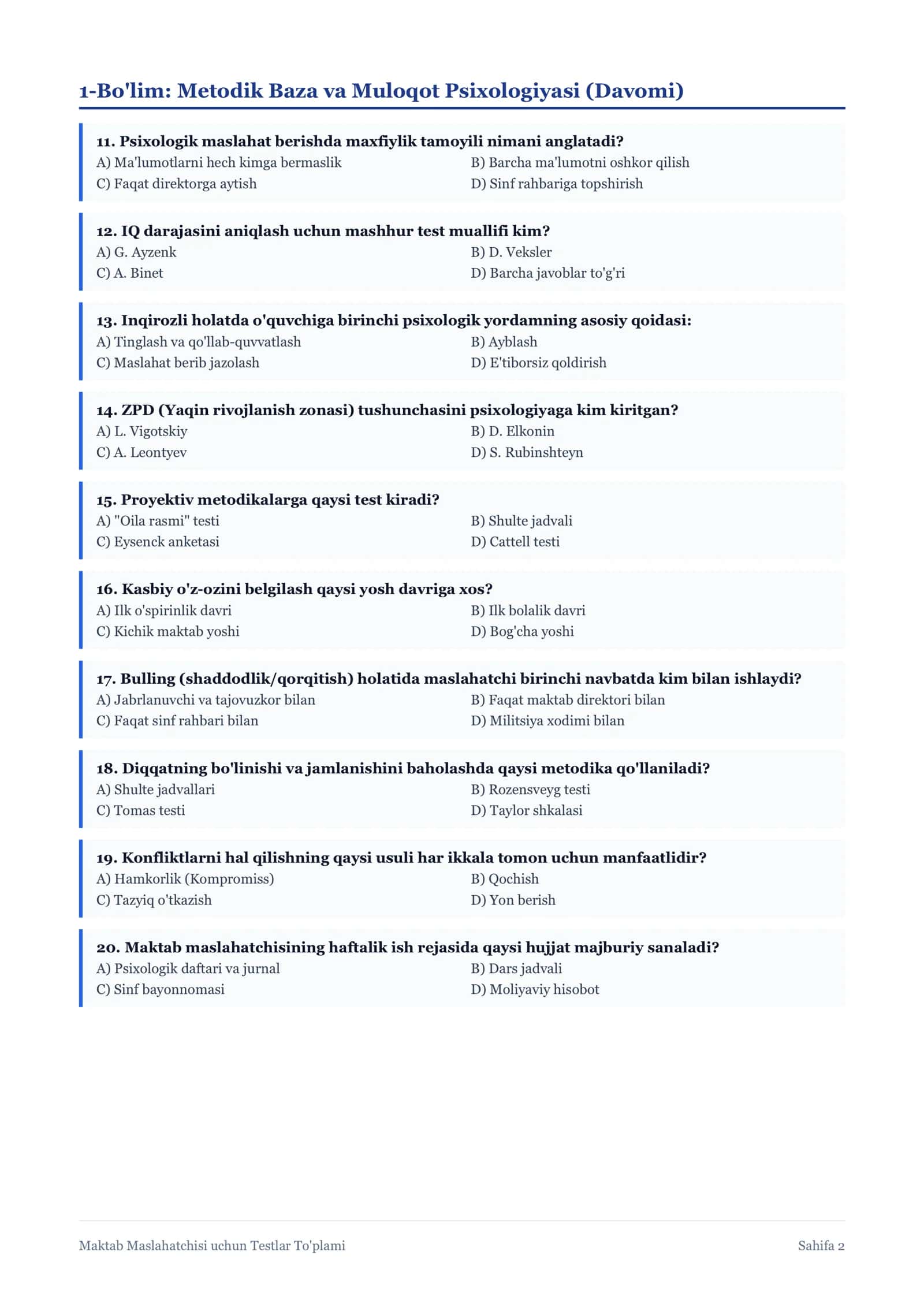 Maktab Maslahatchisi va Psixologi uchun Testlar To'plami (javiblari bilan) 2