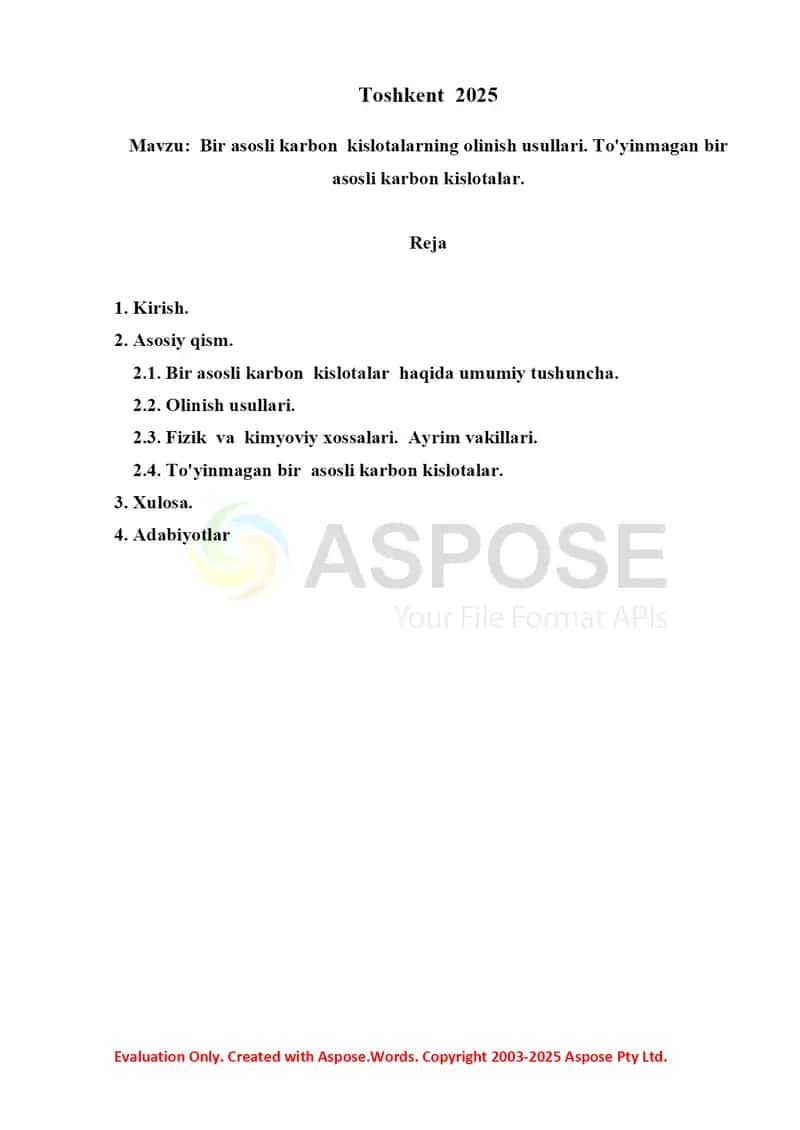 12. Bir asosli karbon  kislotalarning olinish usullari. To'yinmagan bir  asosli karbon kislotalar 2. Referat 19 bet 2
