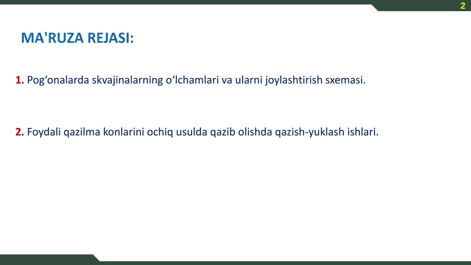 Pog‘onalarda skvajinaning o‘lchamlari va ularning joylashish sxemasi 2