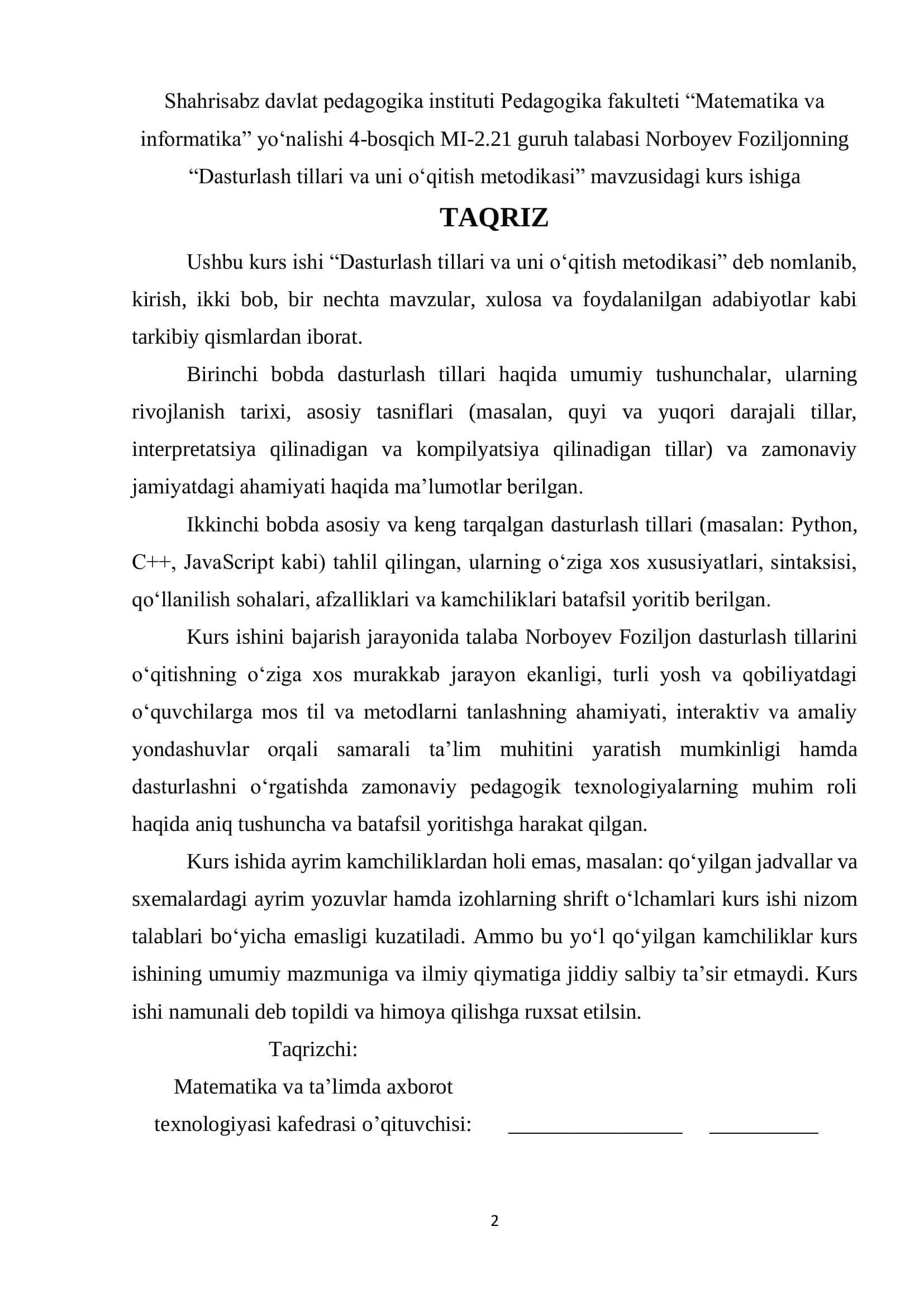Dasturlash Tillari va Uni O'qitish Metodikasi 2