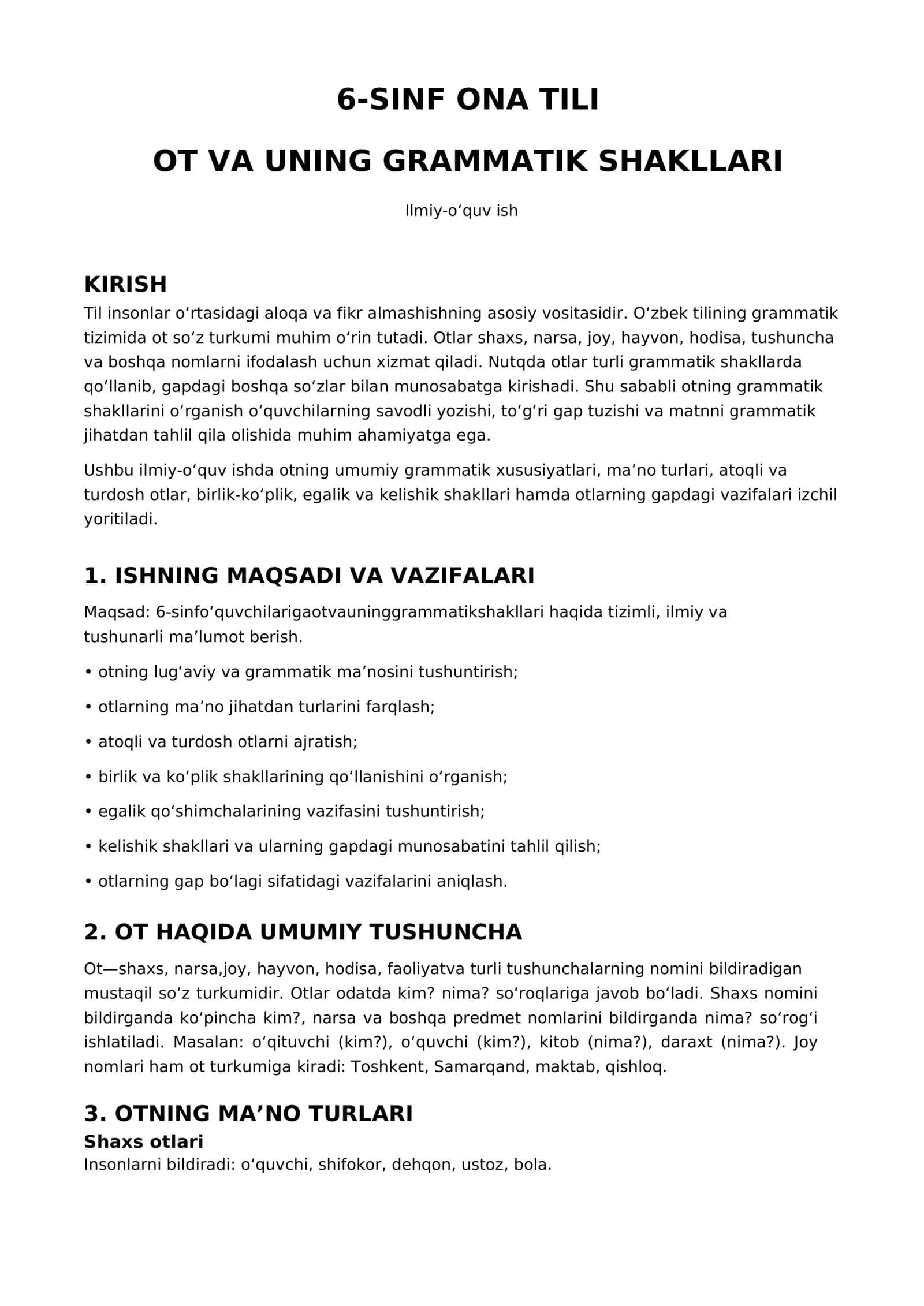 6-SINF ONA TILI OT VA UNING GRAMMATIK SHAKLLARI Ilmiy-o‘quv
ish 2