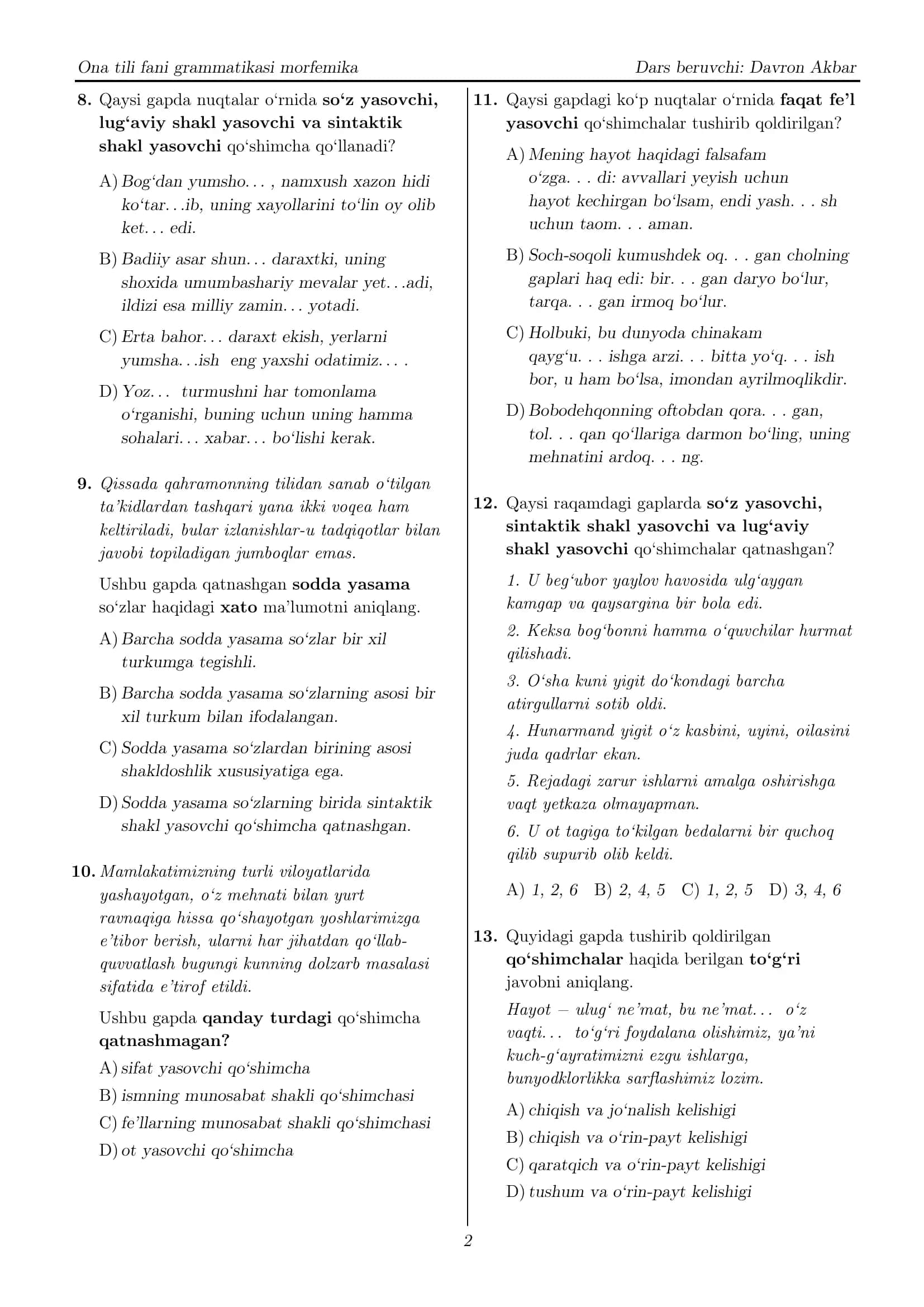 Milliy sertifikat - Ona tili fani grammatikasi morfemika 2