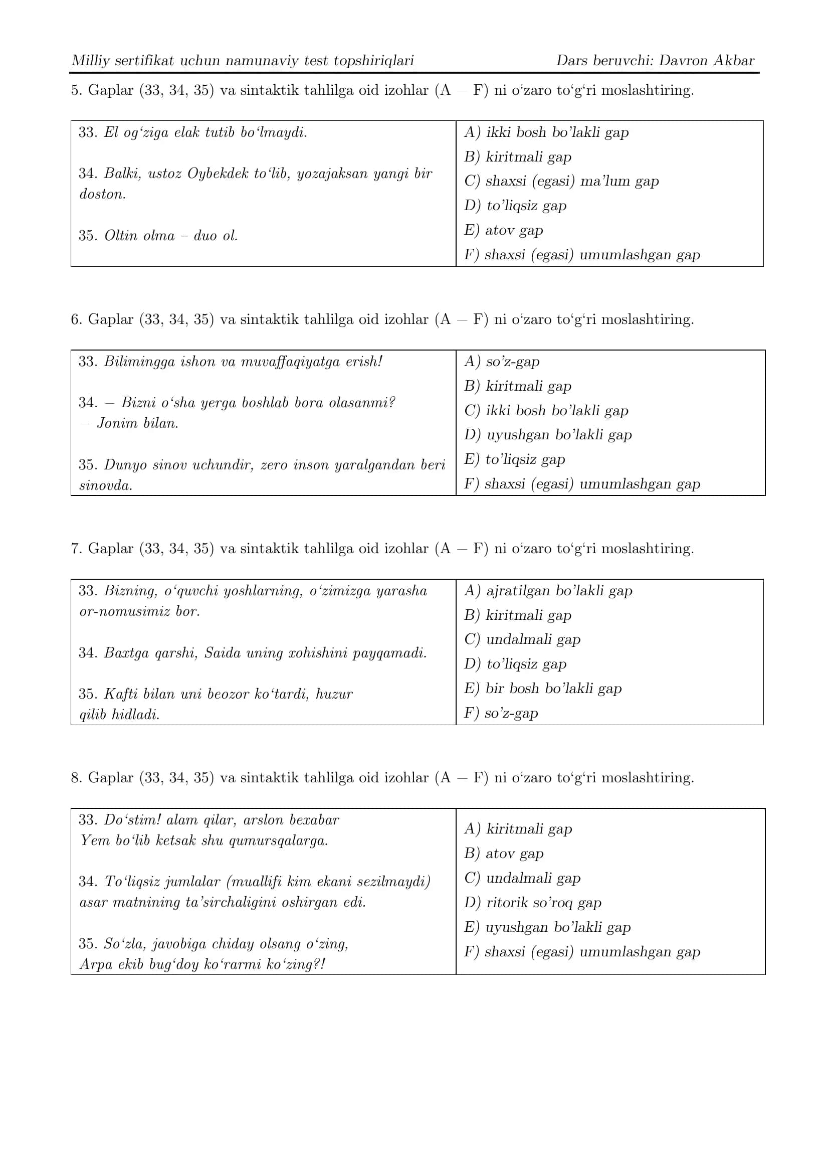 Milliy sertifikat uchun namunaviy test topshiriqlari 2