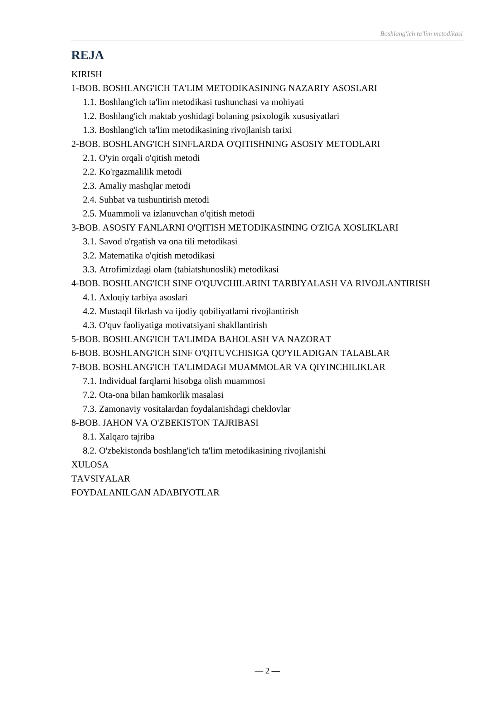 REFERAT
MAVZU:
BOSHLANG'ICH TA'LIM METODIKASI 2