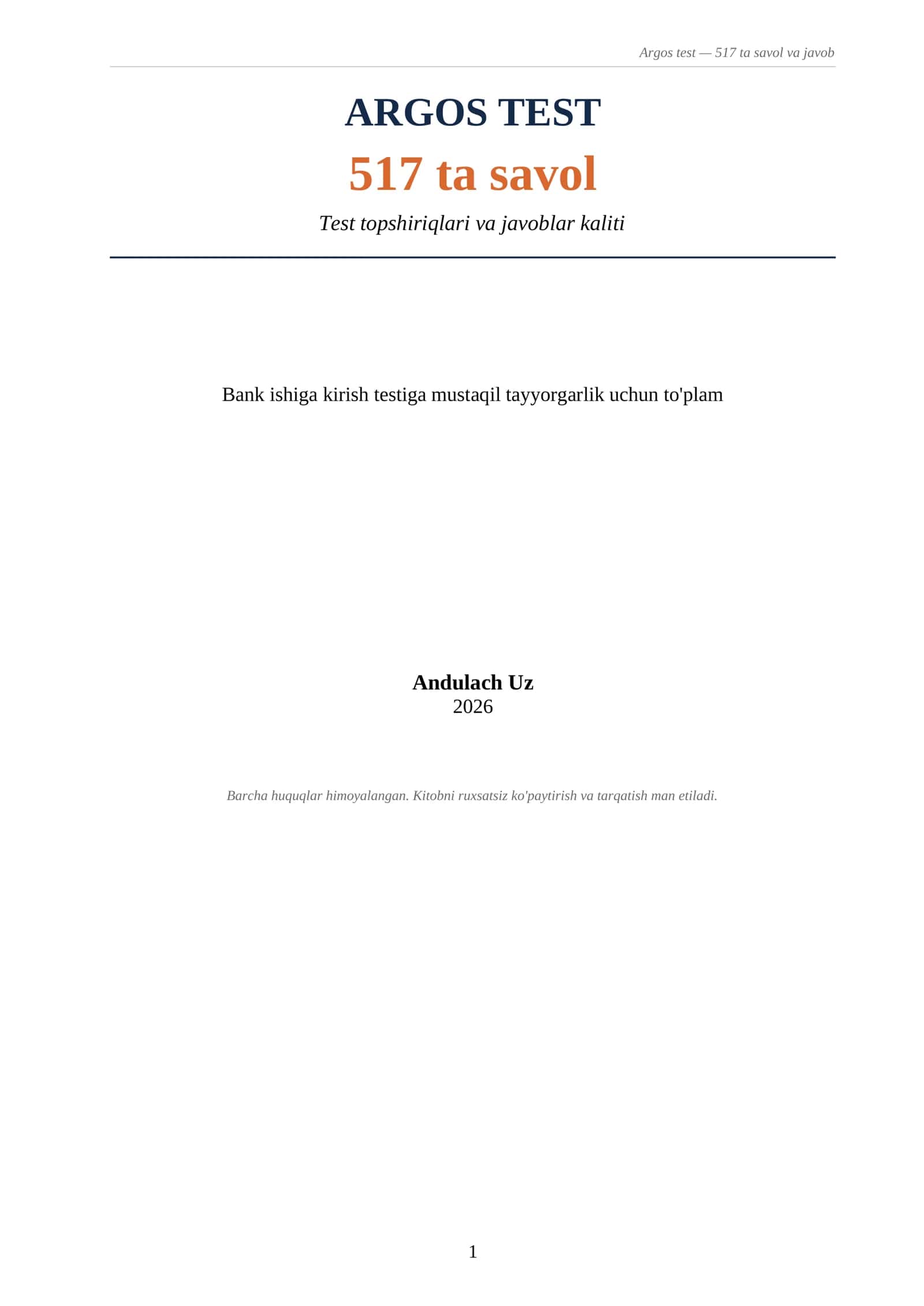 Argos test savollar va javoblari. Yangi 2026-2027. Bank ishiga kirish uchun savollar blankasi 2