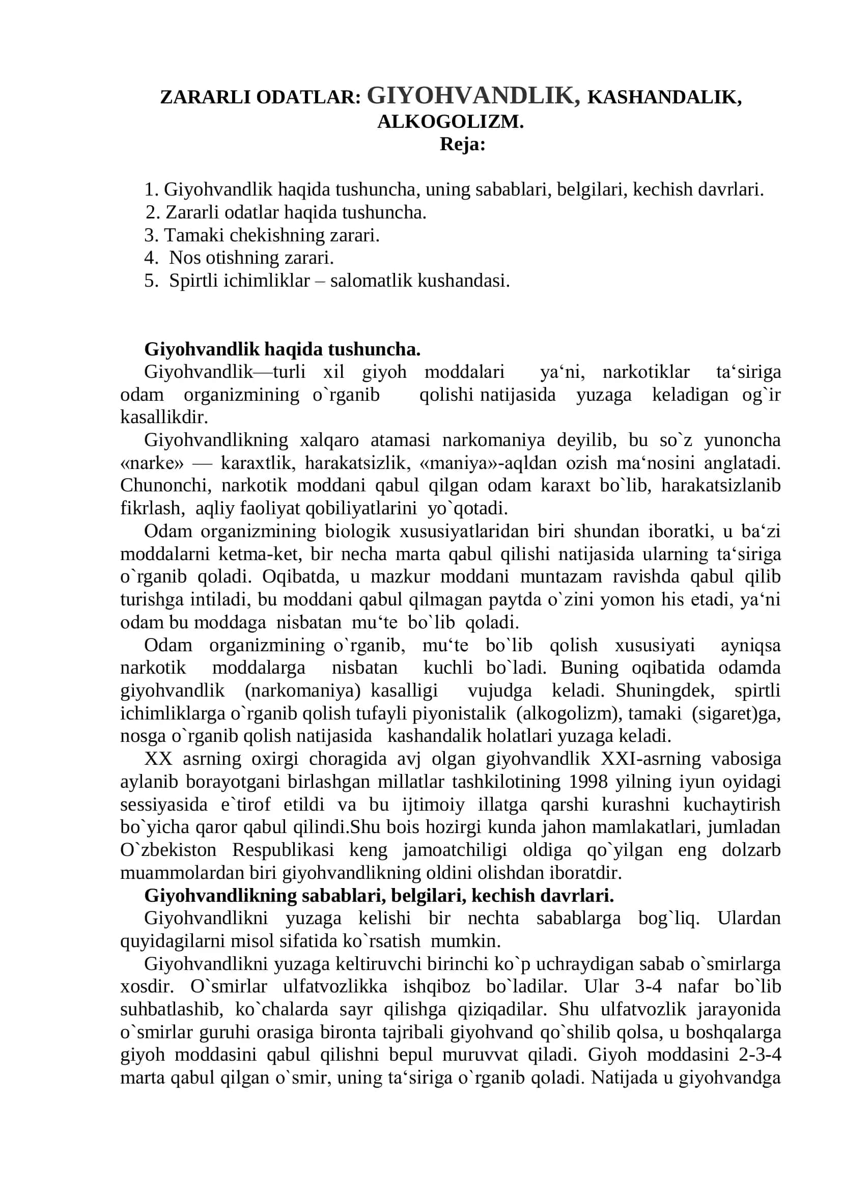 Zararli odatlar: Giyohvandlik, kashandalik, alkogolizm 2
