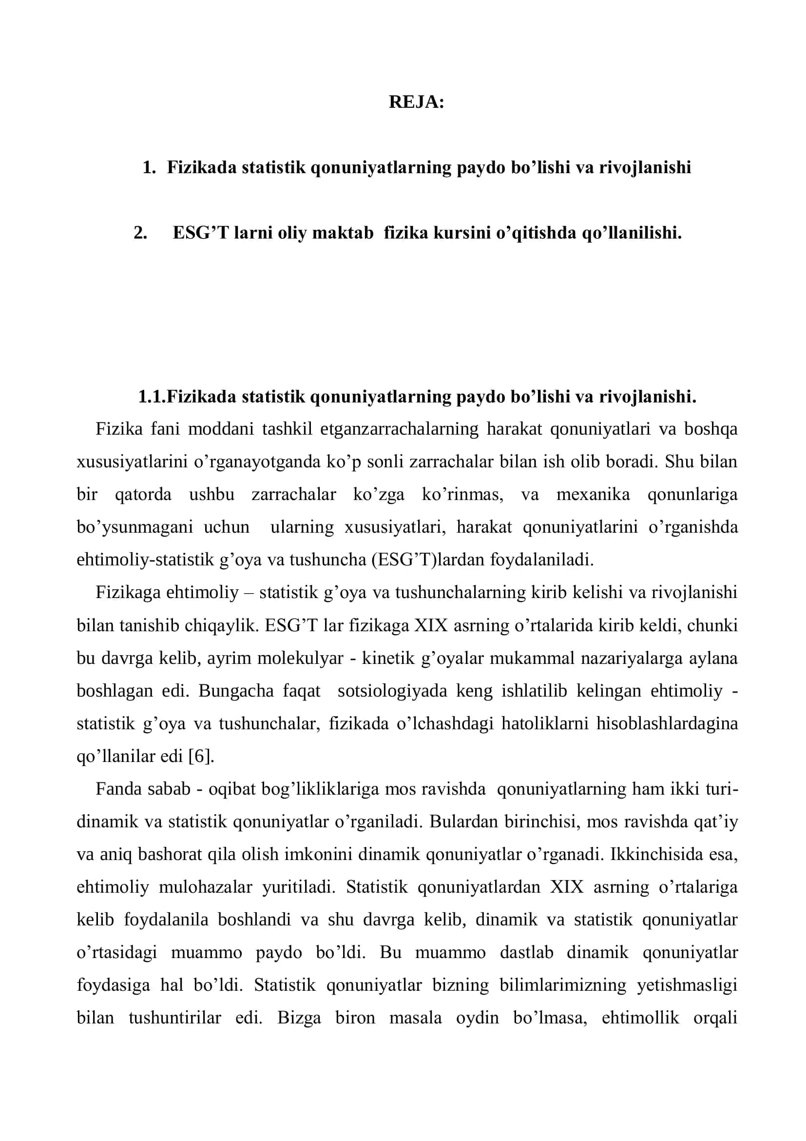 Fizikada ehtimoliy – statistic g’oya va tushuncha (ESG’T) larni paydo bo’lishi va rivojlanishi 2
