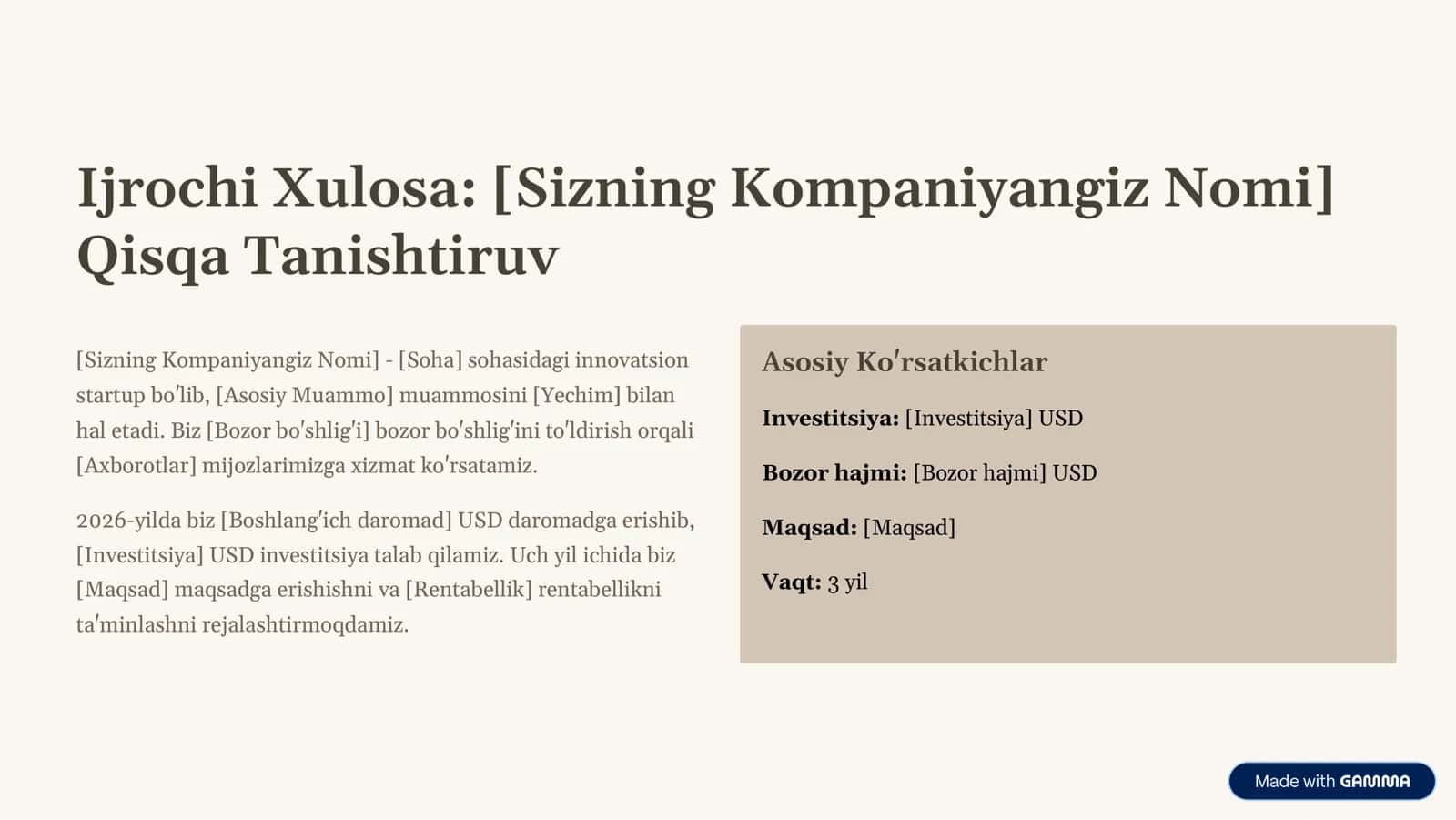 Universal Startup Biznes Rejasi Andozasi (2026) 2