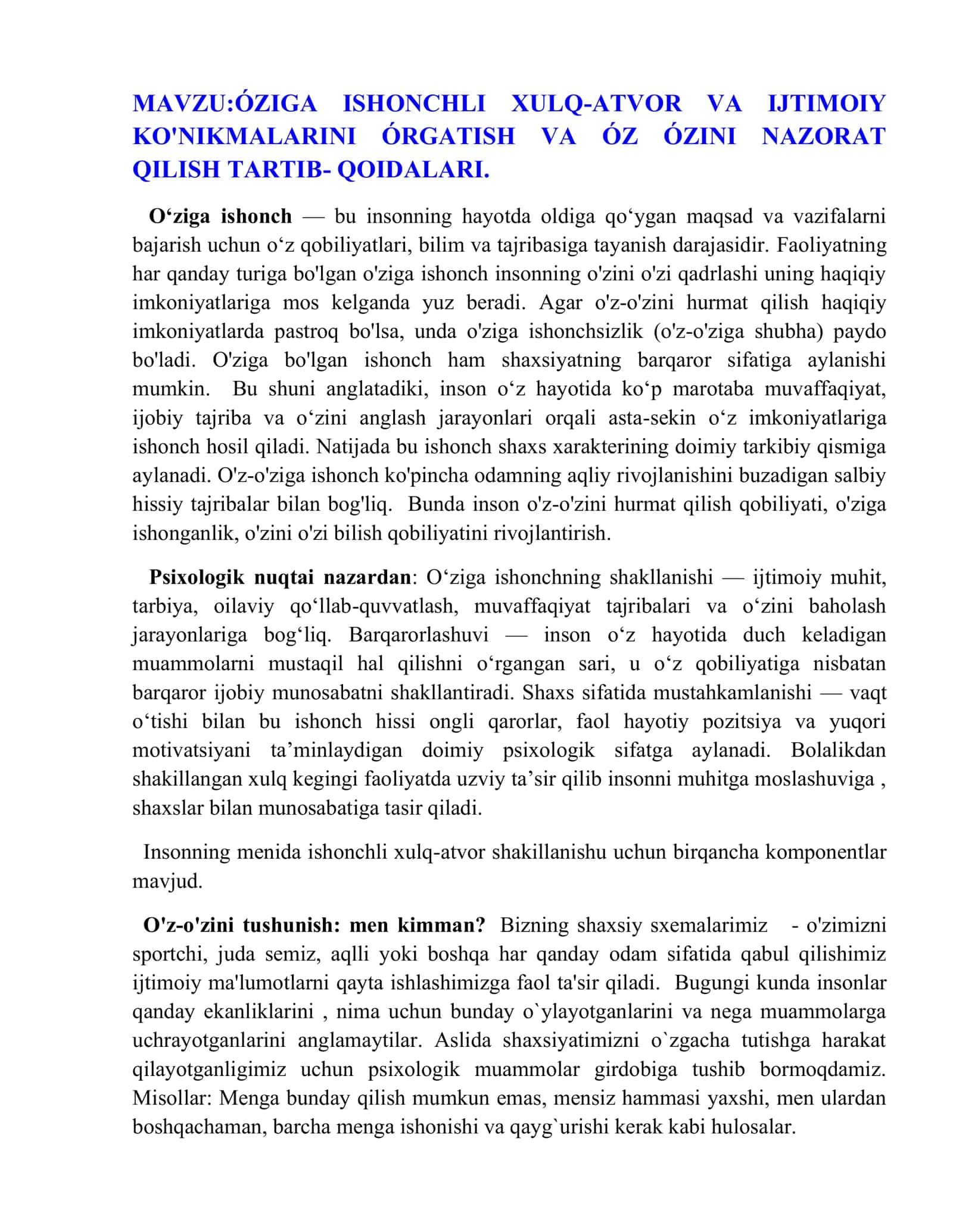 ÓZIGA ISHONCHLI XULQ-ATVOR VA IJTIMOIY KO'NIKMALARINI ÓRGATISH VA ÓZ ÓZINI NAZORAT QILISH TARTIB- QOIDALARI 2