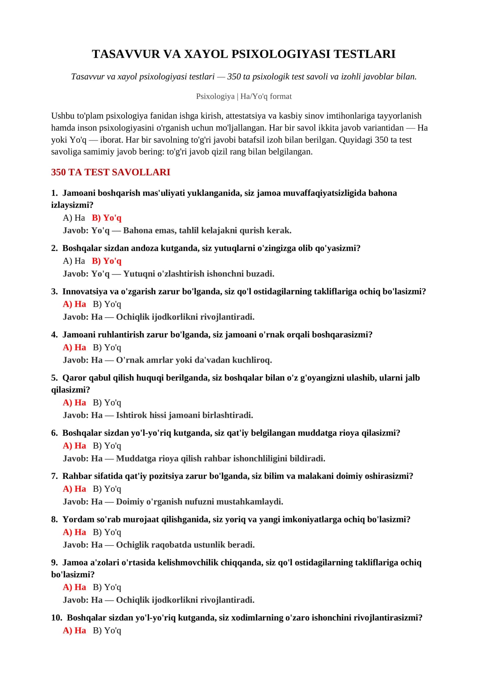 TASAVVUR VA XAYOL PSIXOLOGIYASI TESTLARI 2