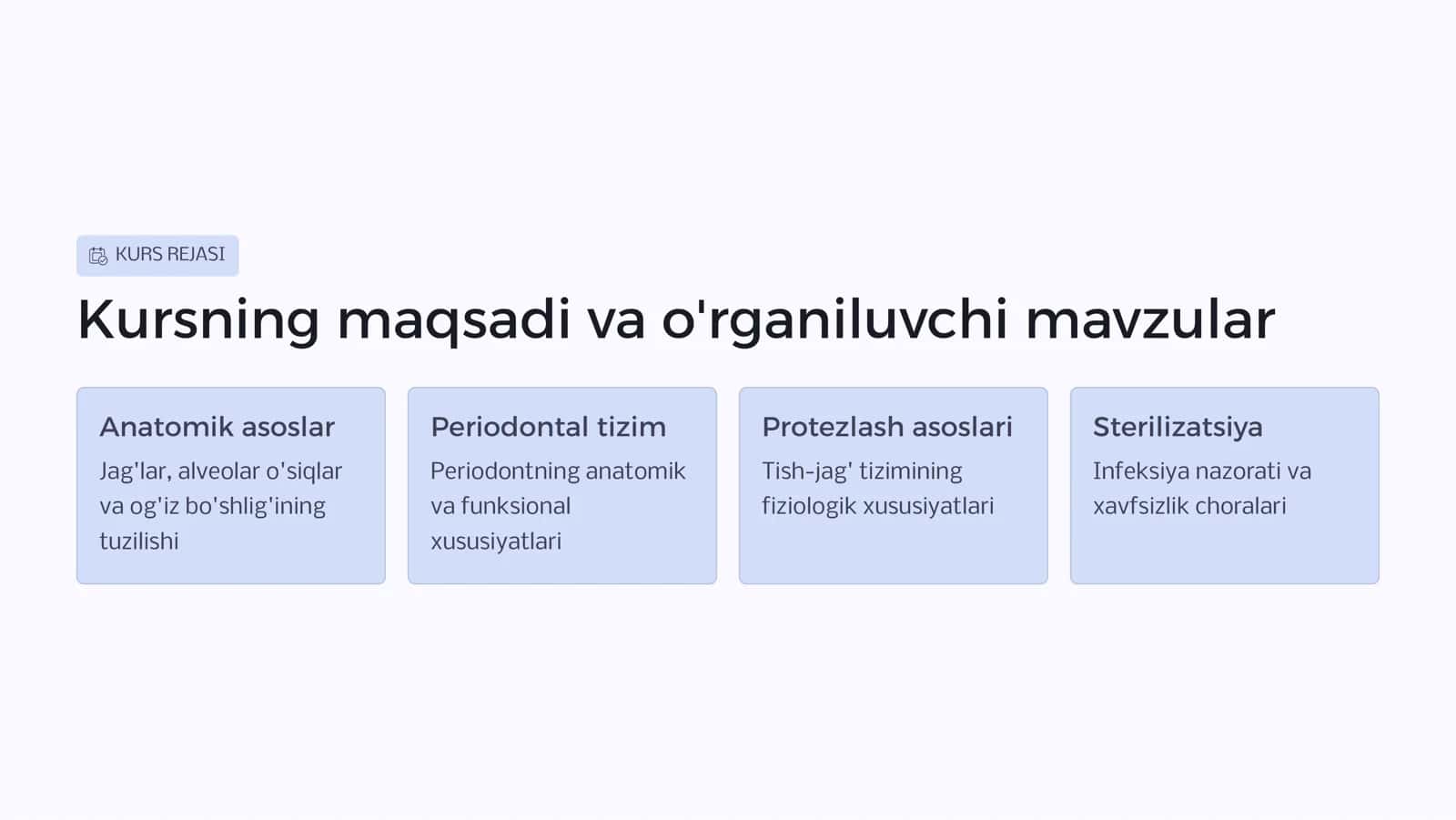 Yuqori va pastki jag‘, alveolyar o‘siqlar. Og‘iz  bo‘shlig‘ining shilliq qavati. Periodontning anatomik va funksional xususiyatlari   Protezlash bilan bog‘liq tish-j’ag’larning  anatomik va fiziologik xususiyatlari. Sterilizatsiya va dezinfeksiya. Yatrogenik va yuqumli kasalliklarning (OIV infeksiyasi, "V" gepatiti va boshqalar) oldini olish. 2