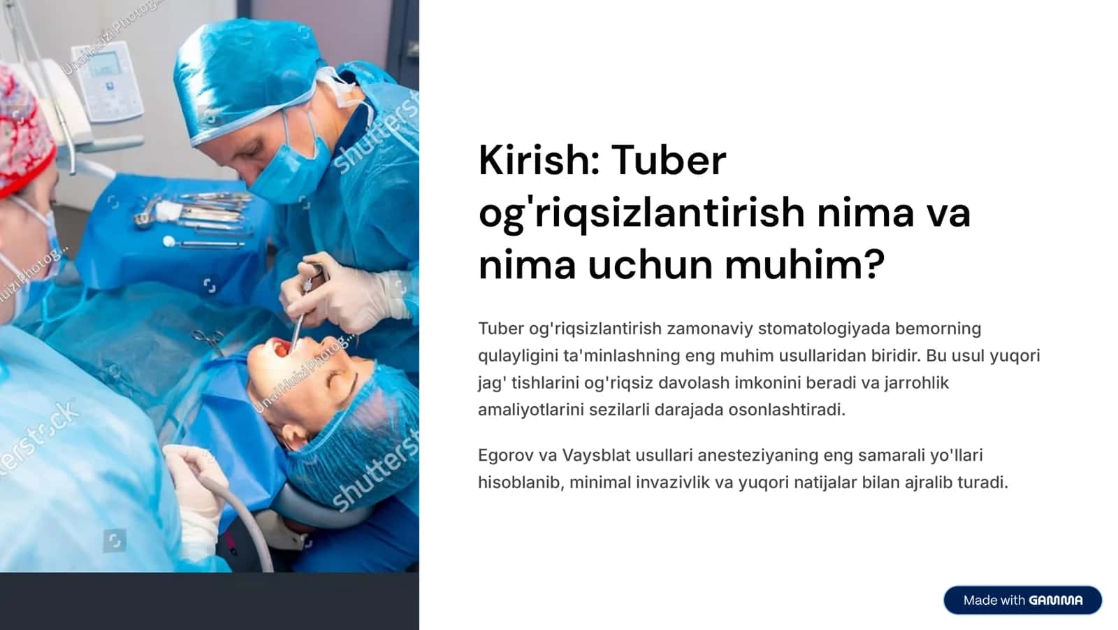Tuberаl оg’riqsizlаntirishning оg’iz ichi vа tаshqi Egоrоv vа Vаysblаt usuli. Og’riqsizlаntirish vaqtida kuzatiladigan asoratlar va ularni bartaraf etish. 2