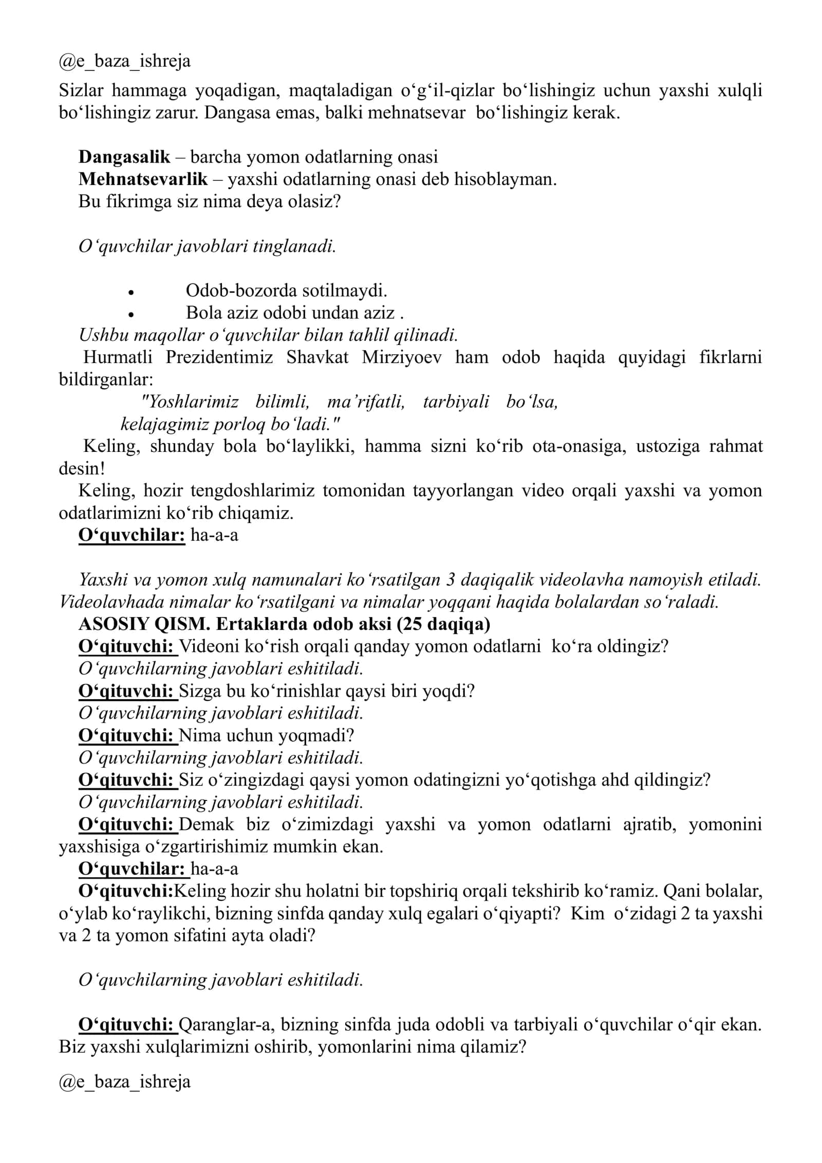 BIZNING XULQIMIZ (ODOB – TARBIYANING MEVASI) 2