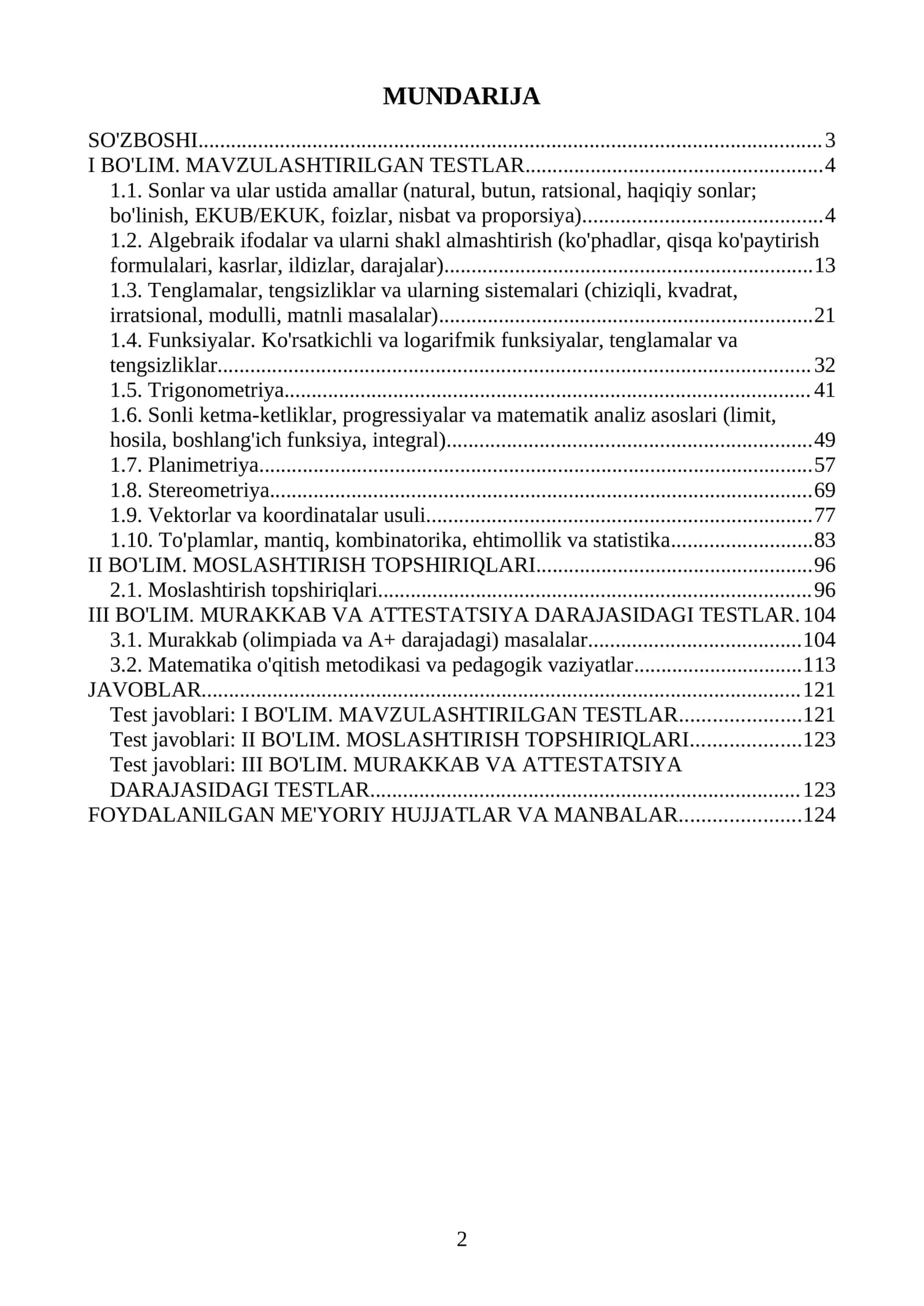 Matematika fanidan Milliy sertifikat va Attestatsiya savollari 1000 ta. Saralangan testlar. 2026-2027 o'quv yili uchun 2