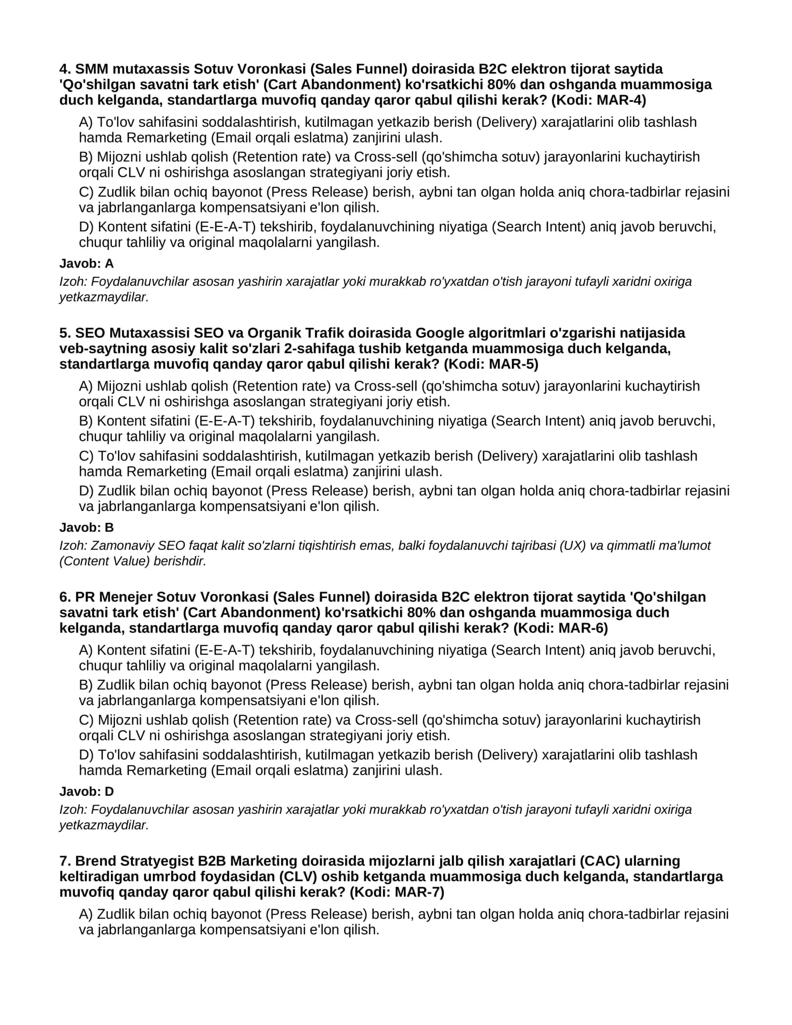 10 MARKETING SOTUV - 200 TA QIYIN TESTLAR 2
