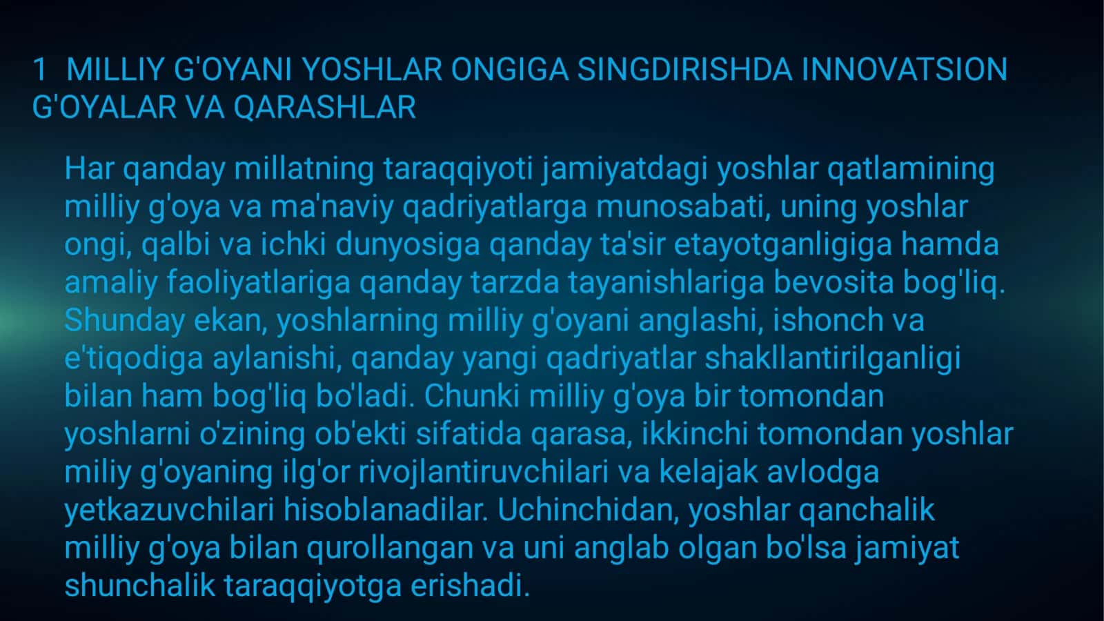 MILLIY GʻOYANING ASOSIY TASHUVCHISI-YOSHLAR EKANLIGI 2