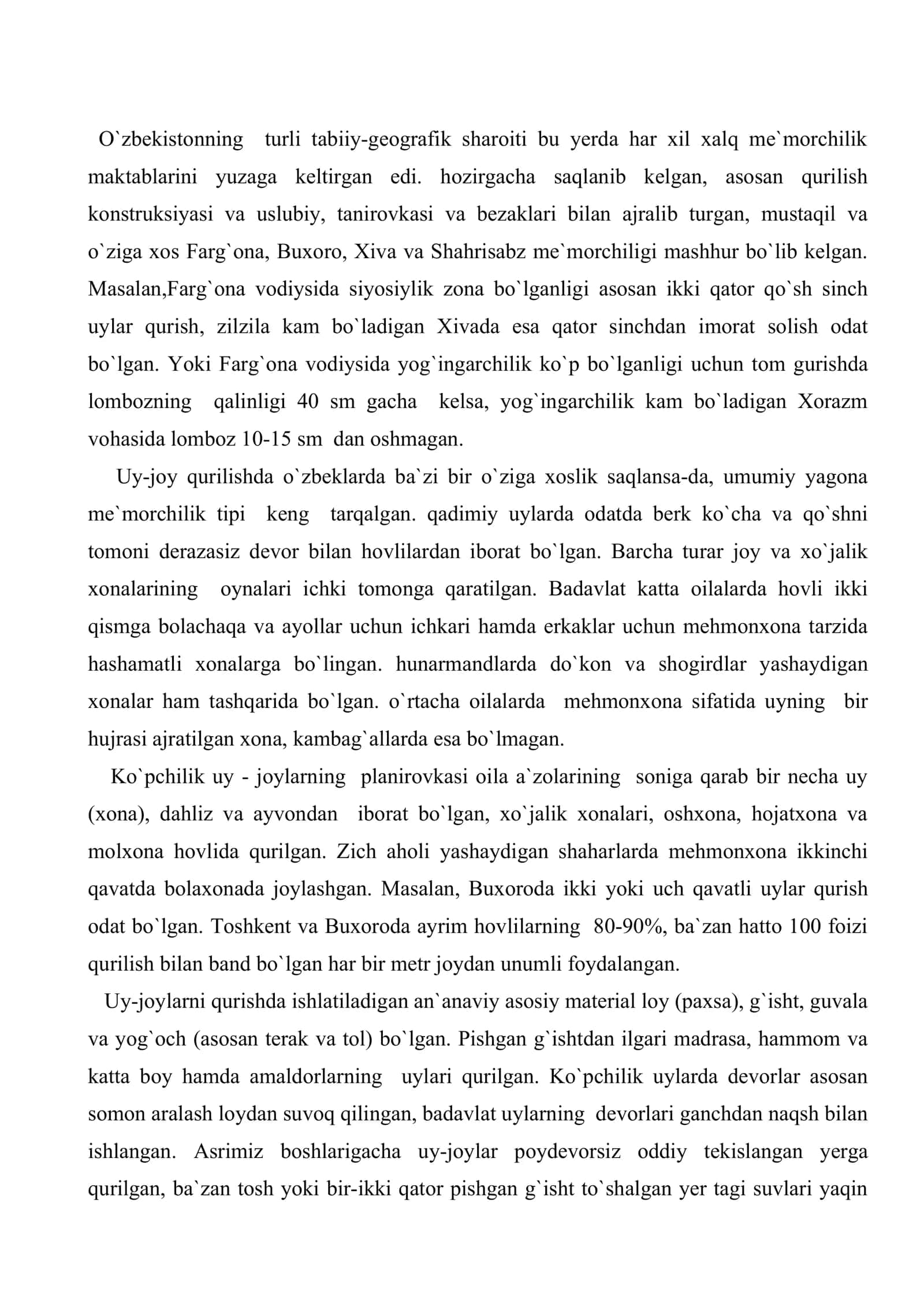O`zbeklarning moddiy madaniyati. Uy-joylari va ularning jihozlanishi. Do`ppining tarixi. Xalq teatri va milliy raqslar 2