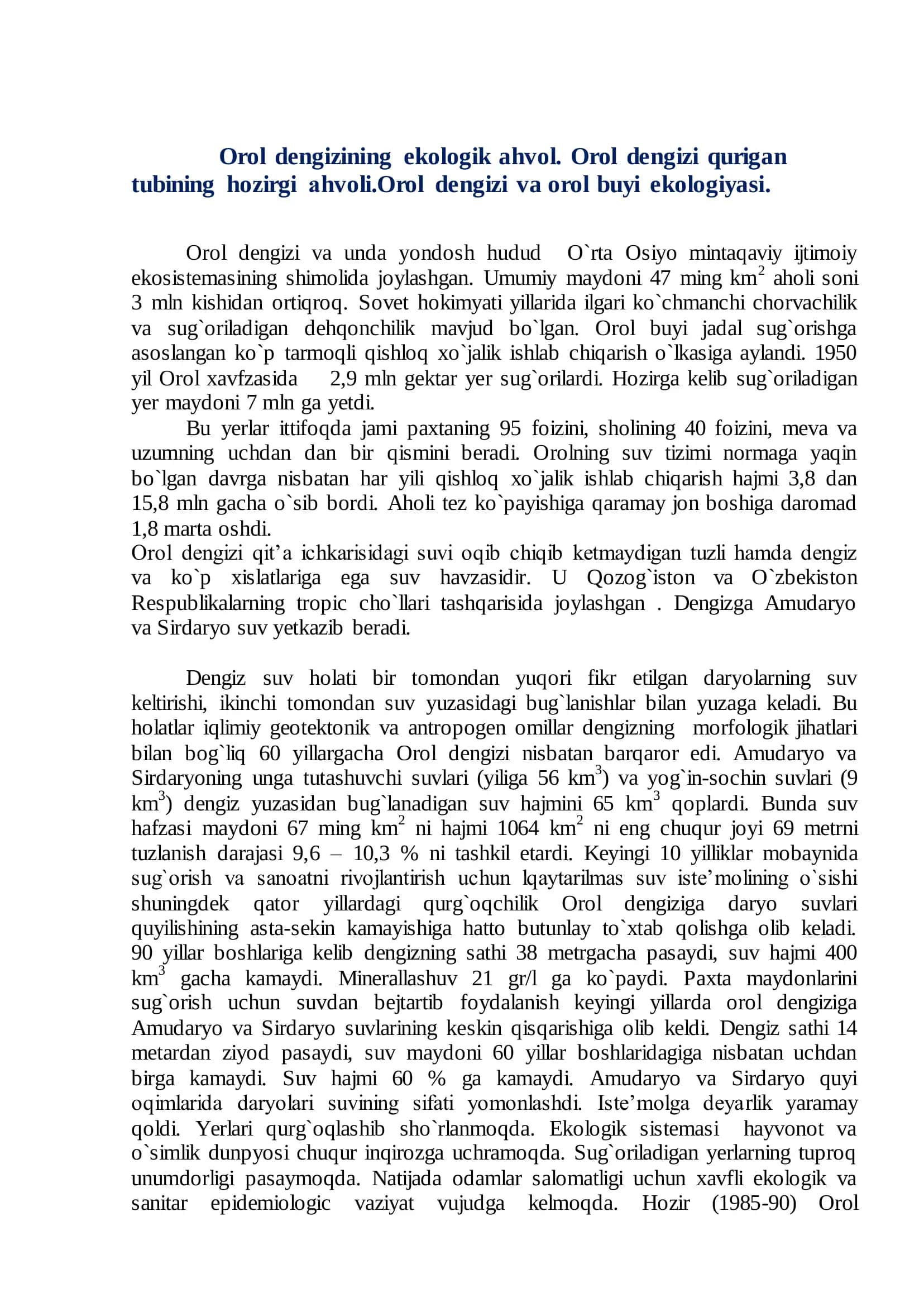 Orol dengizining ekologik ahvoli 2