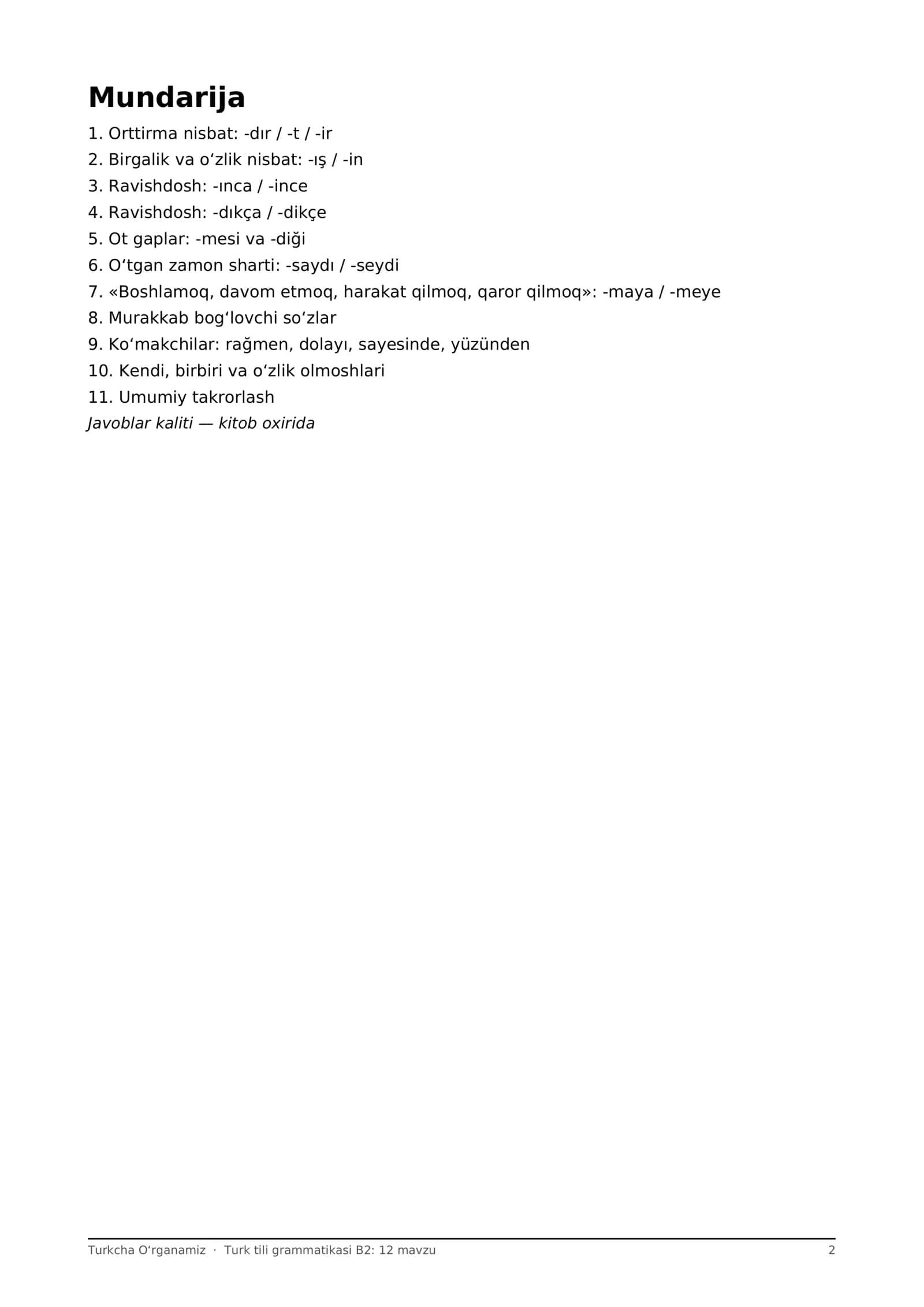 Turk tili grammatikasi B2: 12 mavzu, nisbatlar, -ınca, -dıkça, murakkab gaplar (PDF) 2