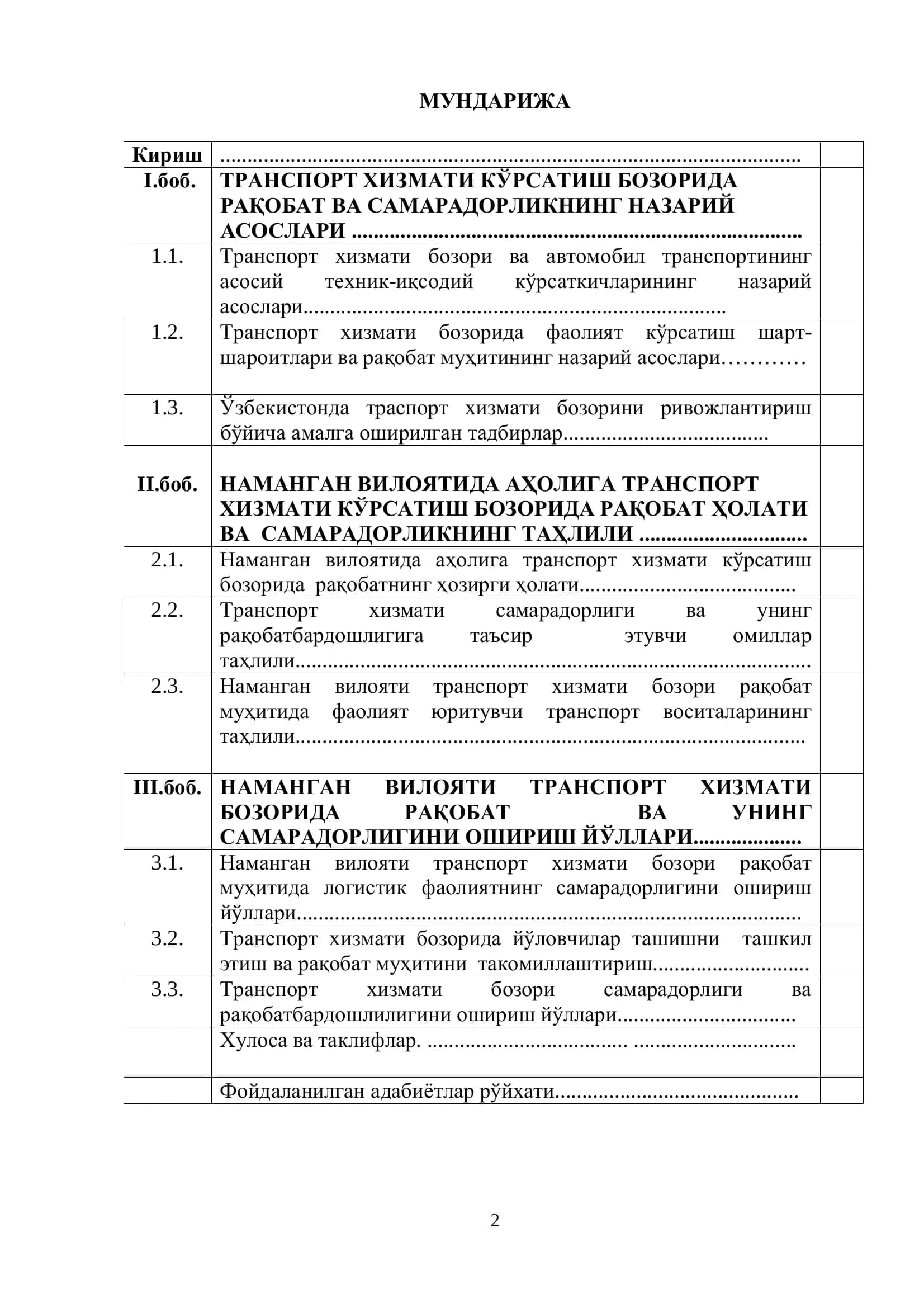 Транспорт хизмати бозорида рақобат ва унинг самарадорлиги 2