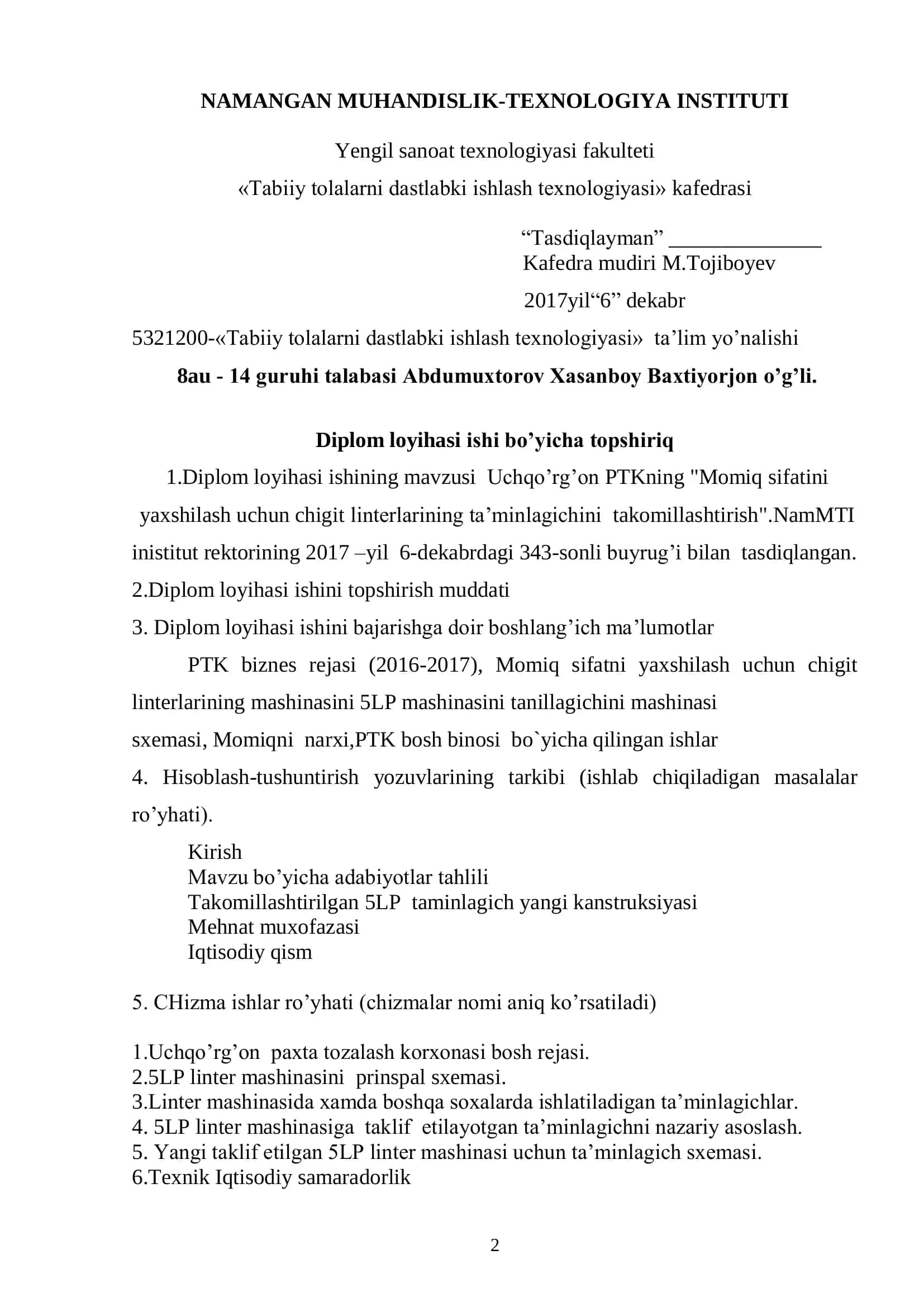 Tabiiy tolalarni dastlabki ishlash texnologiyasi bakalavriat ta'lim bitiruvchi Diplom loyihasi 2